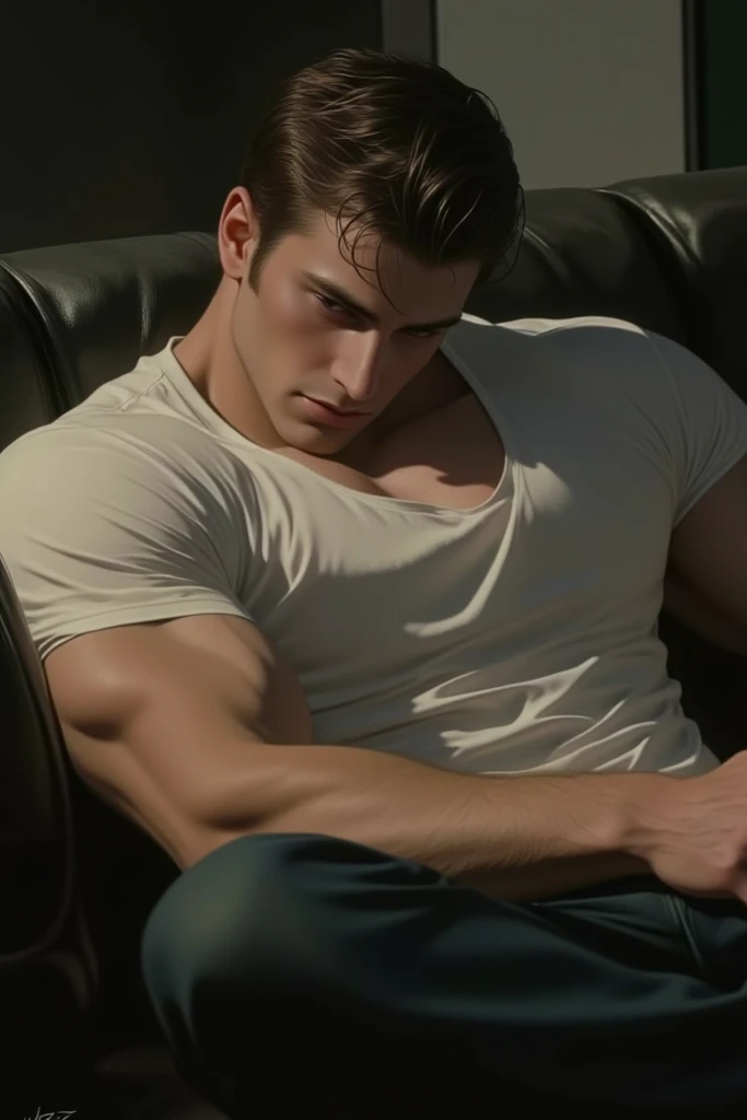 a handsome man lying on the floor, listening to music, intricate details, photorealistic, cinematic lighting, high resolution, 8k resolution, hyperrealistic, sharp focus, ultra-detailed, extremely detailed, realistic, stunning, dramatic lighting, moody atmosphere, modern room interior, bed with soft silk sheets, minimalist decor, headphones, calm expression, natural pose, anatomically correct, beautiful face, strong jawline, perfect skin, gorgeous green eyes, detailed facial features, stubble, wearing a tight white tank top and bulging underwear briefs,