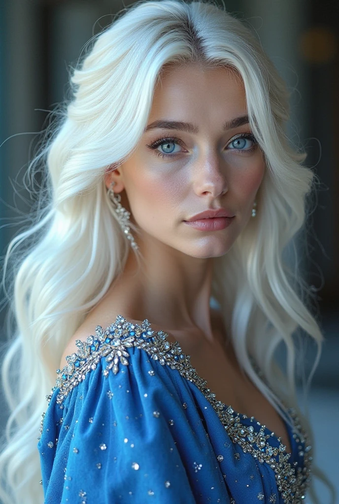 a beautiful russian woman natalia petrovna, long white hair, piercing blue eyes, extremely detailed face, ((Premium quality, 16K, masterpiece: 1.3)), Beautiful woman with perfect figure: 1.7, summer outfit
