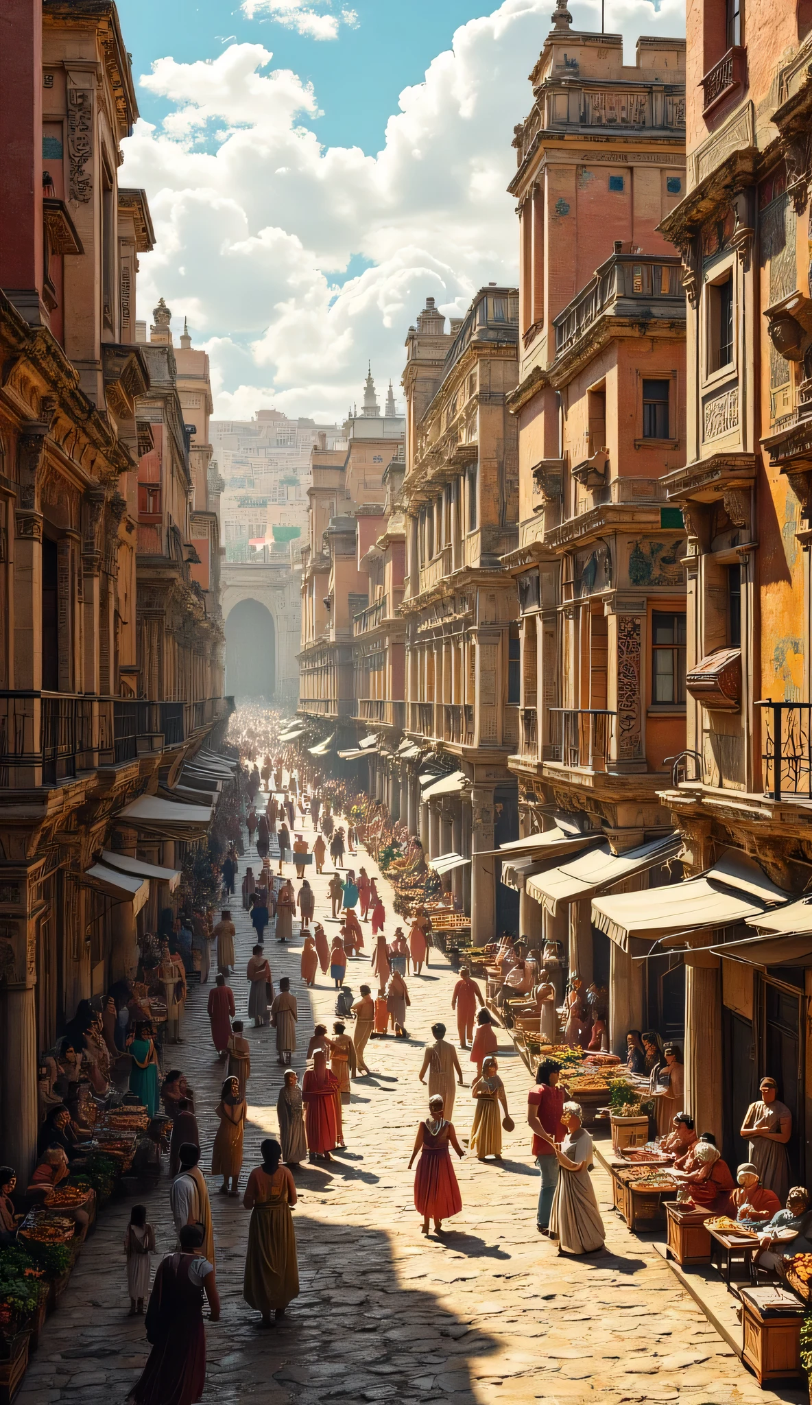 **Prompt:** During ancient rome era. As a historian wandering through the lively streets of ancient Rome, immerse yourself in the vibrant atmosphere of the insula buildings—multistoried apartment complexes that housed the city's diverse populace. Paint a picture of the colorful facade adorned with terracotta tiles and intricate frescoes, while the sun casts playful shadows in the bustling alleys. Listen to the lively chatter of citizens negotiating in the marketplaces, their voices mingling with the cries of vendors peddling fruits, herbs, and handcrafted wares. Let the rich scents of spiced meats and fresh bread waft through the air as you pass by taverns filled with laughter and camaraderie. As you navigate through this carefully planned city, take note of the striking Greco-Roman architecture, with its tall columns and meticulously designed arches, each telling a story of ambition and artistry. Consider the untold narratives hidden within the walls of these structures—what dreams and struggles do the residents hold? Perhaps you encounter a scholar discussing philosophy with a merchant, or an artist demonstrating their craft to an eager crowd. Capture this extraordinary experience in vivid detail, akin to a National Geographic photograph, where the blend of BronzePunk innovation and SandalPunk tradition brings a fantastical yet authentic lens to the past. How does this unique blend of culture and creativity transform your understanding of an ancient civilization? Reflect on the insights and emotions stirred within you as you embrace the heart of Rome at the pinnacle of its glory.