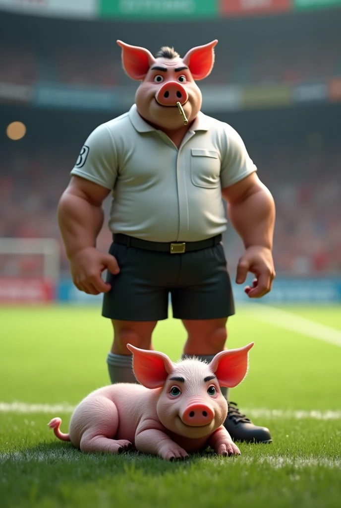 A muscular pig, well-defined gym belly, puffed out chest and shirtless, green rooster tattoo, crossing his arms above his head and pointing the middle finger of both hands, inside a soccer stadium