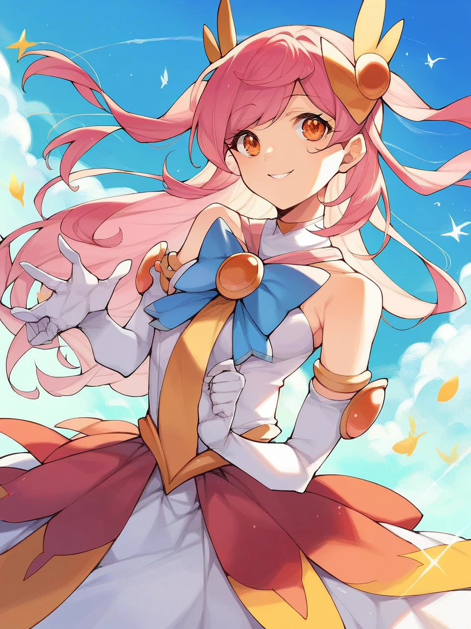 (((CurePeace from Smile Pretty Cure,Browsing Caution,Cowboy Shot,Front shot))),(((Her clothes are designed to show her crotch,Costume with thigh skin visible,Her crotch is visible))),(Yellow Magical Girl Costume)+++,alone,Are standing,{{{{{{Tabletop,anime}}}}}},((((A face with attention to detail)))),{{{{最high quality}}}},{{It's all complicated}},Perfect composition, 8k, high quality, Sharp focus,デジタルanimeアート, Spread your legs Bitch Inviting ejaculation Ahegao