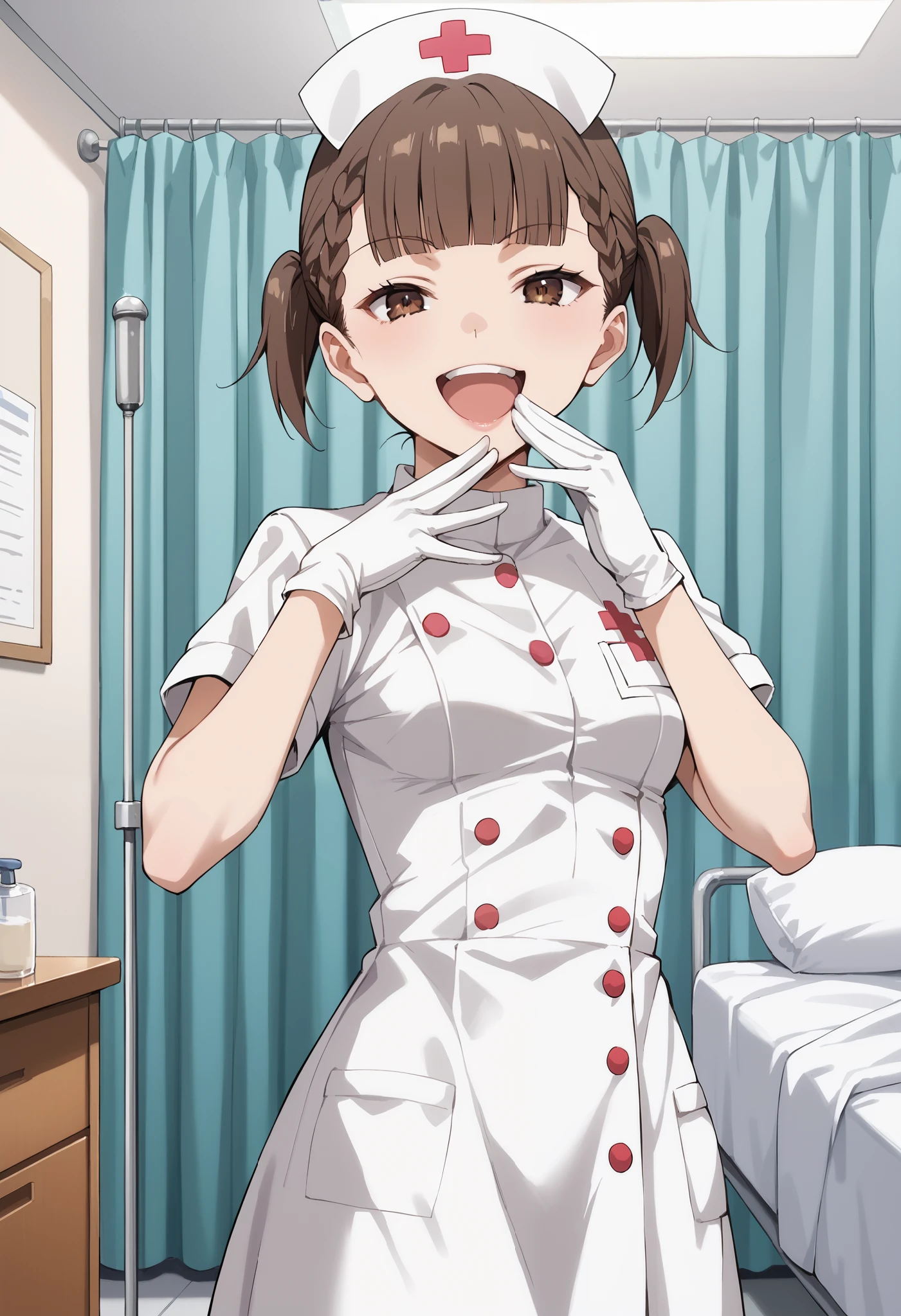 Score_9, score_8_up, score_7_up, source_anime, KJOmaki, solo, brown hair, brown eyes, blunt bangs, short twintails, small breasts, (best quality), (high quality), {masterpiece}, extremely delicate and beautiful, ultra-detailed, beautiful detailed eyes, nurse, nurse hat, ((white nurse's outfit)), white gloves, white legwear, zettai ryouiki, hospital room, ojou-sama pose, laughing, smug, hand to own mouth, open mouth, standing