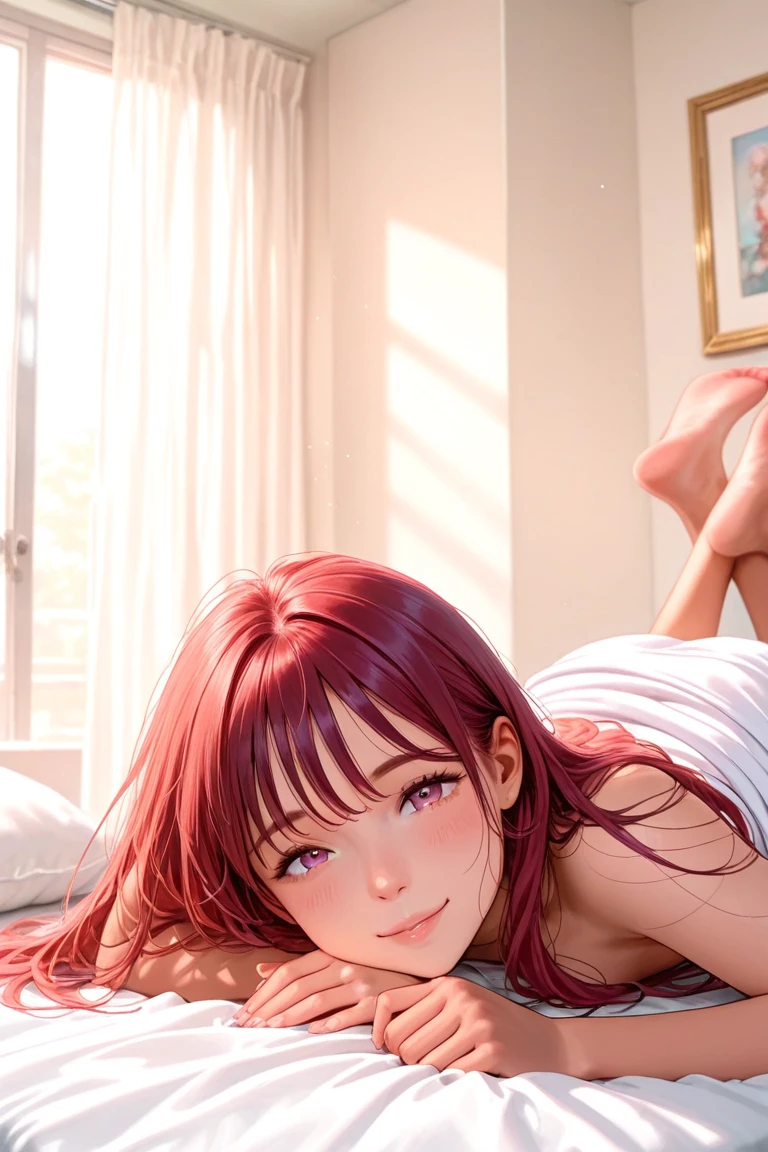 love live! school idol project,love live!,nishikino maki, love live! style,1 girl,small breasts,idol, nsfw,  , vaginal,sex, cum in , woman on top, 1boy, , cowboy_shot, view straight on, lips, arm_up, wet, flat chest, girl,woman,female, young,20 years old, medium hair, red hair, messy hair style, Beautiful face, nose blush, heart-shaped_pupils, white skin, choker, indoors, bed, absurdres, highres, ultra detailed,