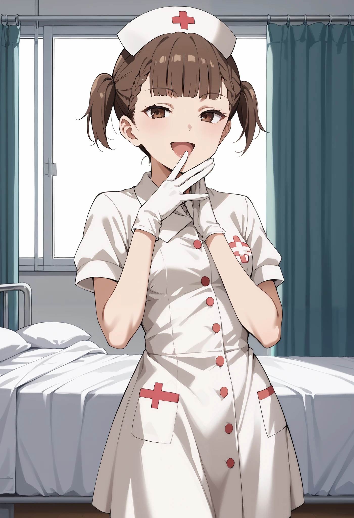 Score_9, score_8_up, score_7_up, source_anime, KJOmaki, solo, brown hair, brown eyes, blunt bangs, short twintails, small breasts, (best quality), (high quality), {masterpiece}, extremely delicate and beautiful, ultra-detailed, beautiful detailed eyes, nurse, nurse hat, ((white nurse's outfit)), white gloves, white legwear, zettai ryouiki, hospital room, ojou-sama pose, laughing, smug, hand to own mouth, open mouth, standing