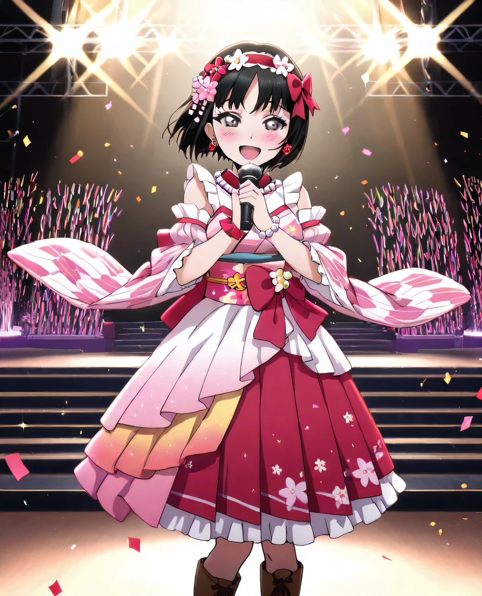Erika_(pokemon), 1girl, solo, bob_cut, short_hair, black_hair, parted_bangs, hairband, grey_eyes, eyelashes, japanese_clothes, kimono, pink_kimono, hakama, red_hakama, floral_print_kimono, frills, obi, pink_sash, sash, floral_print_sash, obijime, obijime, obiage, obidome, frilled_kimono, frilled_hakama, hakama_skirt, hakama_short_skirt, yagasuri, frilled_hairband, red_hairband, brown_boots, boots, standing, kimono_skirt, detached_sleeves, puffy_sleeves, layered_sleeves, frills, frilled_kimono, frilled_hakama, bare_shoulders, idol_clothes, idol, kimono_dress, print_kimono, multicolored_dress, multicolored_kimono, hair_bow, bow, red_bow, pearl_necklace, hair_flower, kanzashi, stage, microphone, holding_microphone, flower_ornament, flower_earrings, head_wreath, flower_bracelet, flower_necklace, confetti, singing, glowstick, spotlight, stage_lights, penlight_(glowstick), sparkle beautiful_detailed_eyes, full_body, smile, blush, happy, masterpiece, best_quality, intricate_details, absurdres