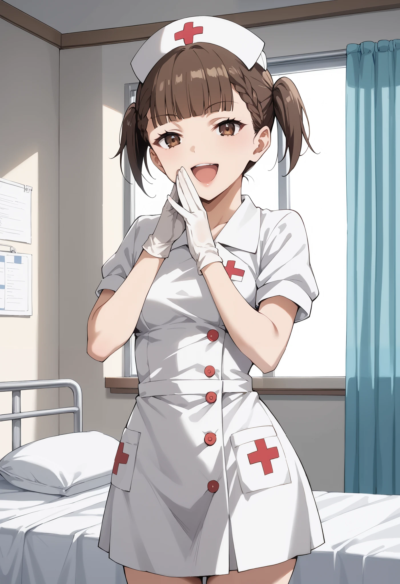Score_9, score_8_up, score_7_up, source_anime, KJOmaki, solo, brown hair, brown eyes, blunt bangs, short twintails, small breasts, (best quality), (high quality), {masterpiece}, extremely delicate and beautiful, ultra-detailed, beautiful detailed eyes, nurse, nurse hat, ((white nurse's outfit)), white gloves, white legwear, zettai ryouiki, hospital room, ojou-sama pose, laughing, smug, hand to own mouth, open mouth, standing