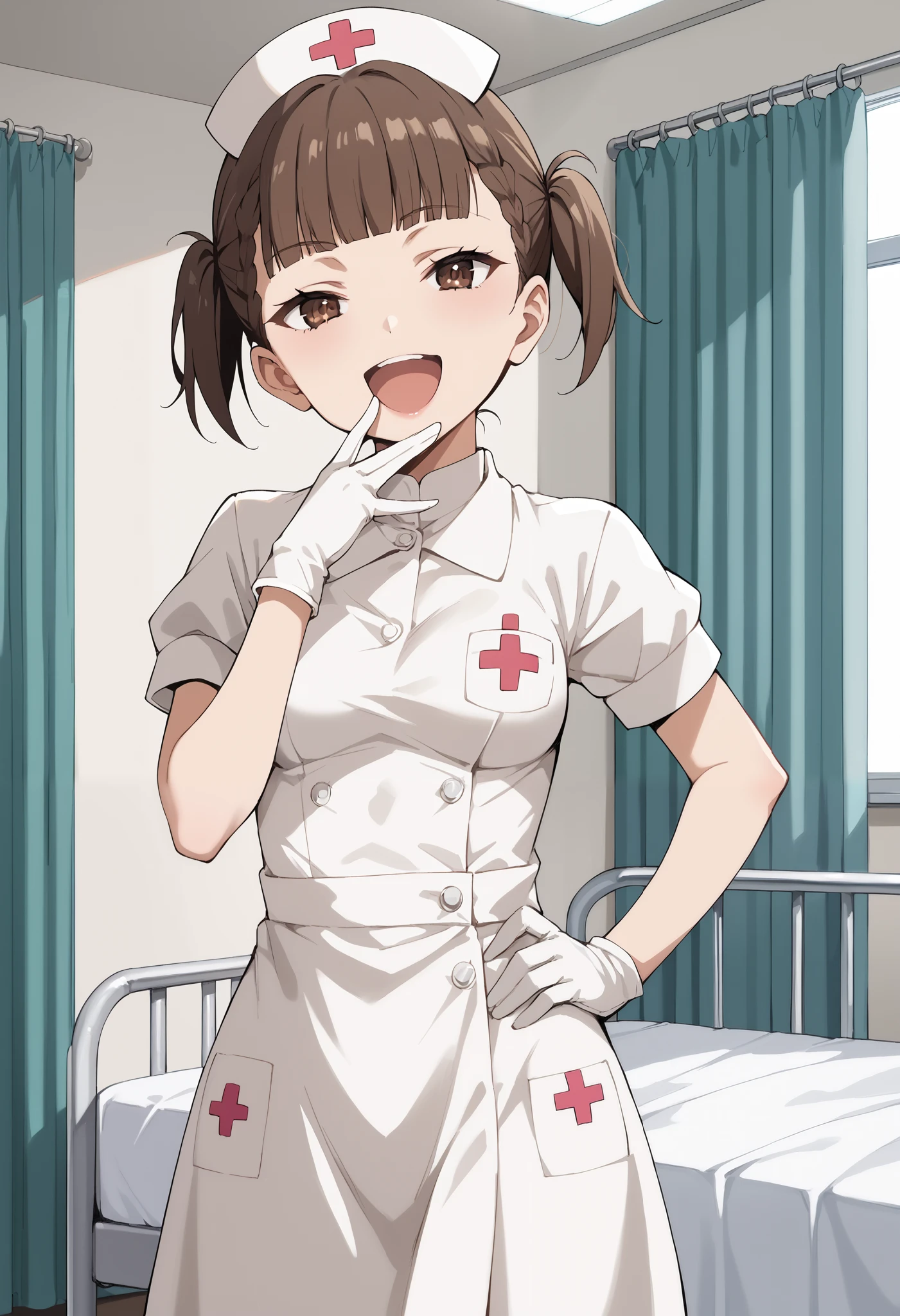 Score_9, score_8_up, score_7_up, source_anime, KJOmaki, solo, brown hair, brown eyes, blunt bangs, short twintails, small breasts, (best quality), (high quality), {masterpiece}, extremely delicate and beautiful, ultra-detailed, beautiful detailed eyes, nurse, nurse hat, ((white nurse's outfit)), white gloves, white legwear, zettai ryouiki, hospital room, ojou-sama pose, laughing, smug, hand to own mouth, open mouth, standing
