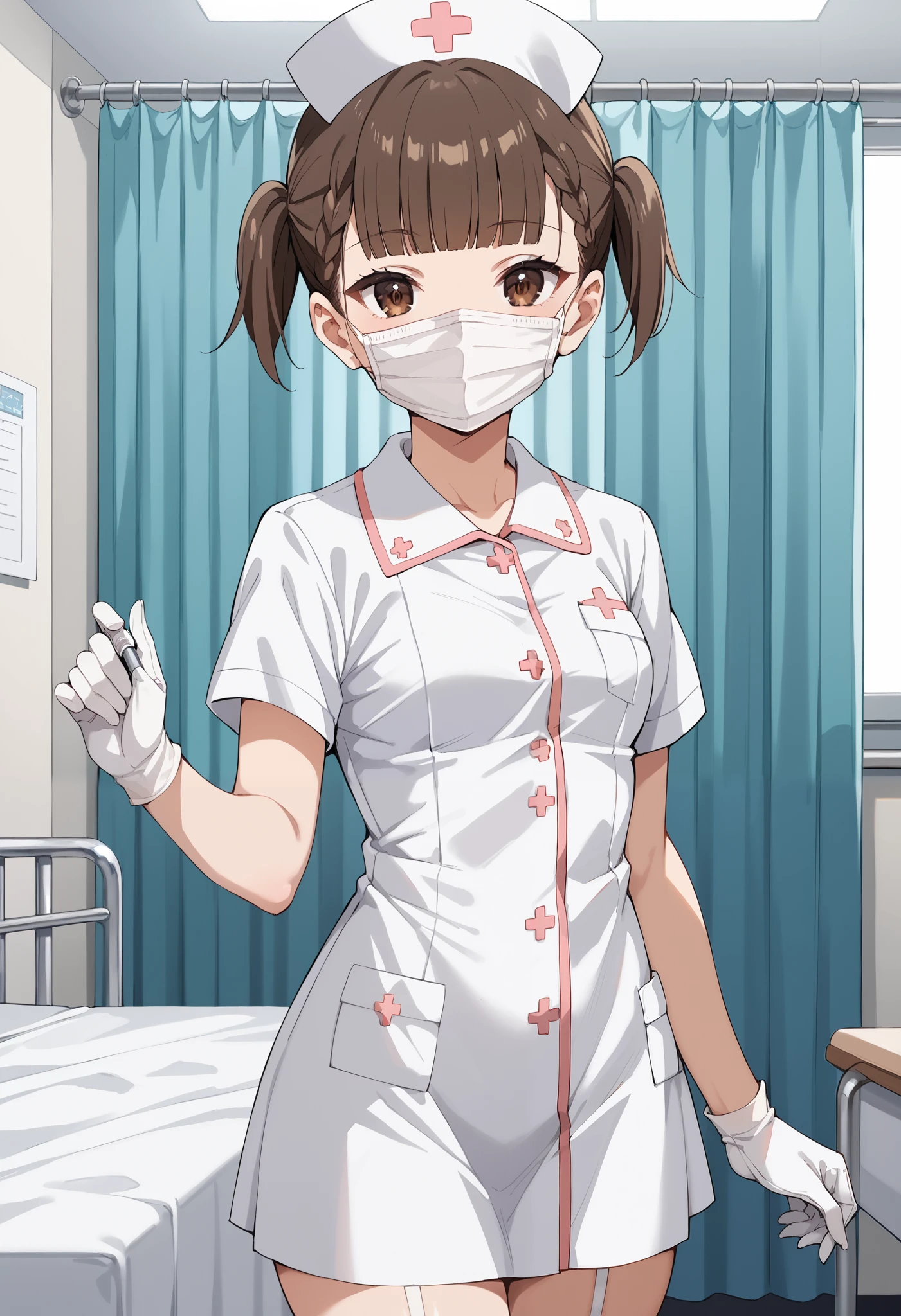 Score_9, score_8_up, score_7_up, source_anime, KJOmaki, solo, brown hair, brown eyes, blunt bangs, short twintails, small breasts, (best quality), (high quality), {masterpiece}, extremely delicate and beautiful, ultra-detailed, beautiful detailed eyes, nurse, nurse hat, ((white nurse's outfit)), white gloves, white legwear, zettai ryouiki, hospital room, ((white mask, mouth mask, covered nose)), standing