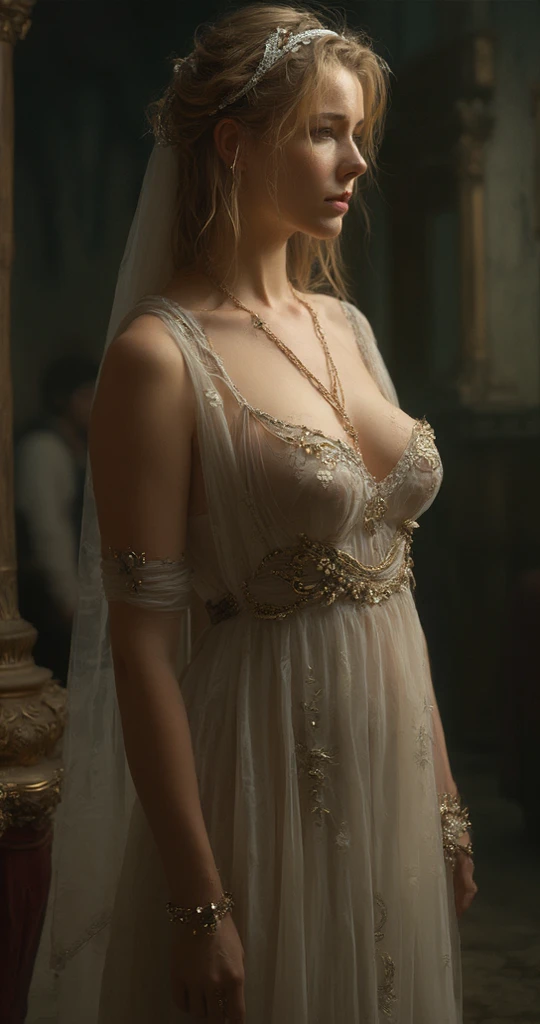 woman in a high front slit wedding dress,wearing see trough dress, (colorful skull tattoo above breasts), inside church, walking down church aisle with open thighs, surrounded by people, detailed face, elegant, photorealistic, 8k, best quality, highly detailed, intricate, dramatic lighting, cinematic, erotically romantic, soft focus, warm colors, wedding bjd, seethru