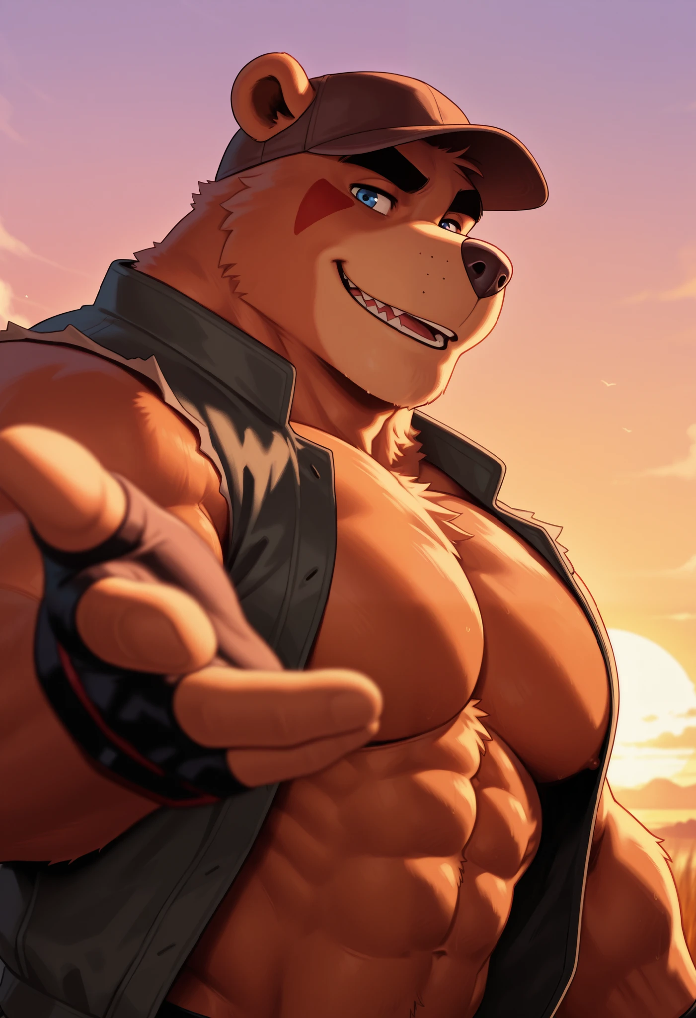 furry, solo, male, muscular,
, reaching,reaching hand, upper body, sunset, looking at viewer, close up, , side view, hat,open clothing,fingerless gloves,facial markings,barazoku,bear,abs,
, 2024, 2023, m32c4l, masterpiece,best quality,amazing quality,