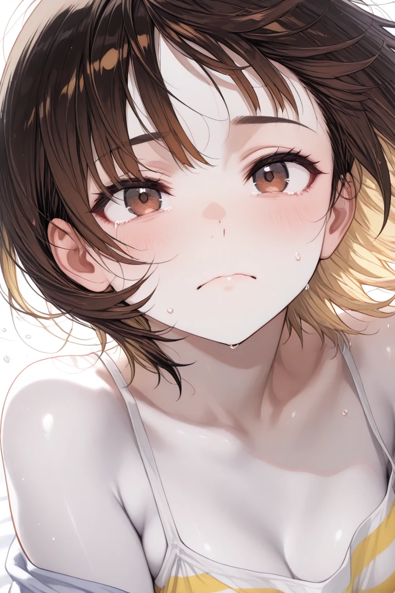 (Masterpiece、highest quality)、(anatomically correct:1.2), (bukkake, cum on mouth:1.2), Ultra-high resolution、beautiful girl、17 years old、Beautiful faces drawn in detail、(Glossy lips:1.1)、Detailed and beautiful eyes、Dark Eyes、(embarrassed:1.2), (blush), (titedium breast)、(Embarrassing:1.2), extra detailed side tie pantie, brown hair, short hair、On the bed、Slender figure、titsを隠す、(Turn away)