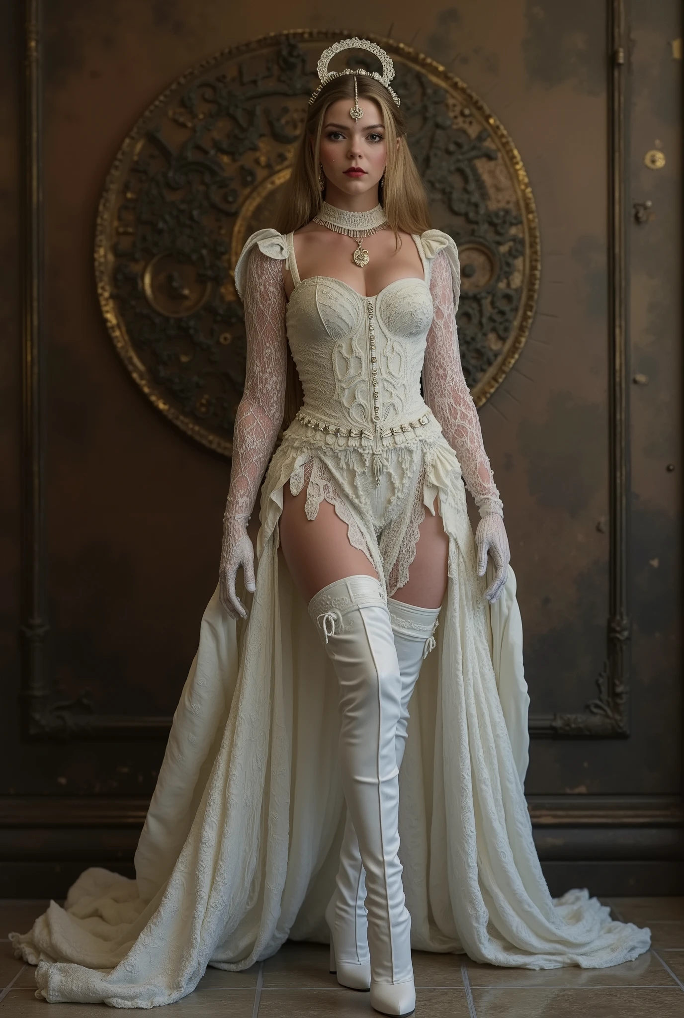 A 3D render of a hauntingly realistic portrayal best quality, highres, 4k, 8k, amazing quality, Photo full portrait of photo real. steampunk white lace dress woman. thigh high boots with 6 inch heels. steampunk background. “full body portrait