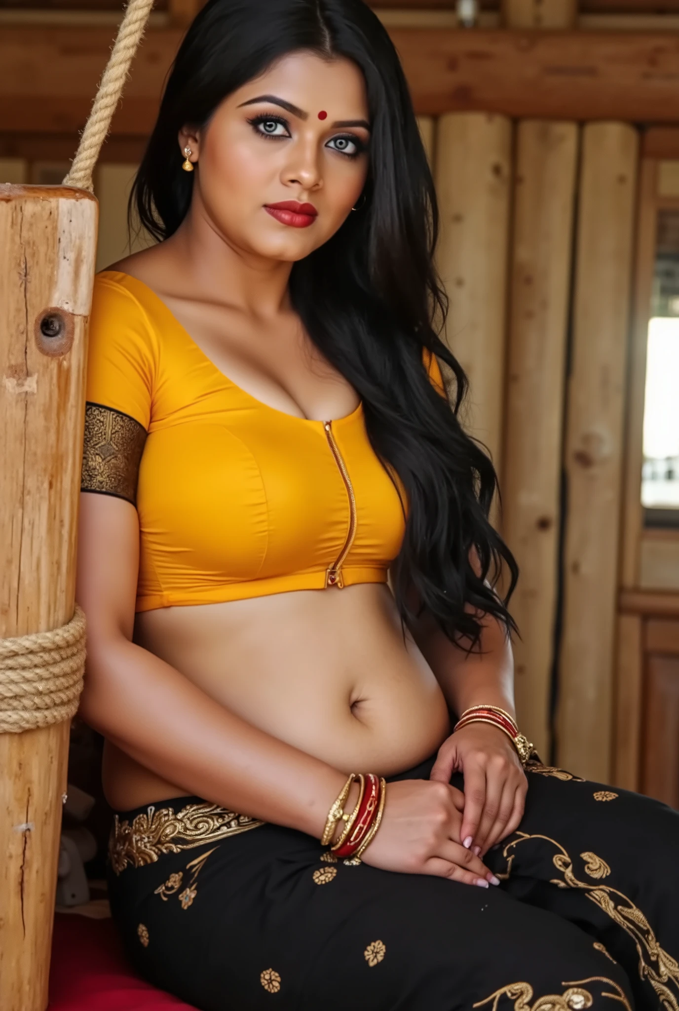 Hot curvy women, sitting in wooden bed tied of ropes,in a yellow designer blouse and black design saree,inside a hut,blue eyes,thick black eyeliners,eyelashes,red glossy lips,gold bangles in hand,both hands rested in wood of bed, looking straight into camera,round red bindi in forehead,golden noserings, completely traditional hut background,sunrays penetrating inside hut,dark long loose black hair,thin gold belly chain below navel,curvy midriff,lusty eyes,healthy body,8k, intricate details