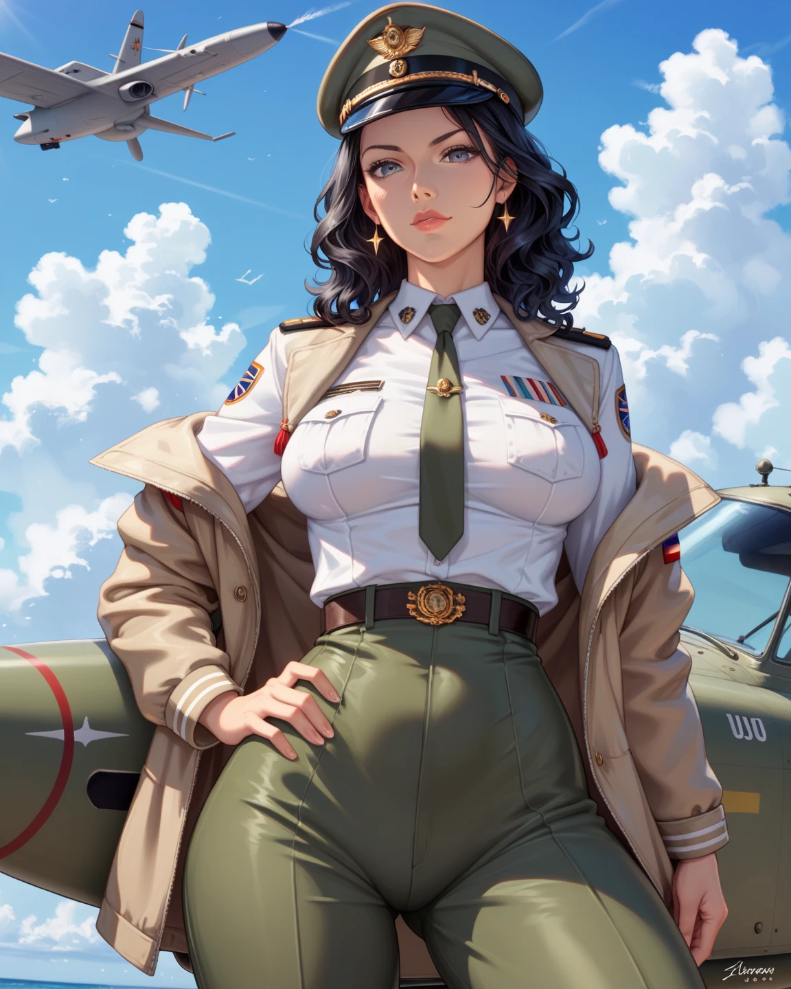 high quality. full hd (Beautiful woman with strong features) ( short wavy black hair ) ( beautiful gray eyes ) (fair skin) (medium breasts) (medium waist and wide hips) (Do you wear aviator military clothing) (she is a military aviator) (woman with strong features) (in the background of a military aircraft parking lot) (Camara Frontal) (usa men's uniform jacket formal) (serious face) (men's uniform jacket) (Jacket) (men's uniform jacket italiano)