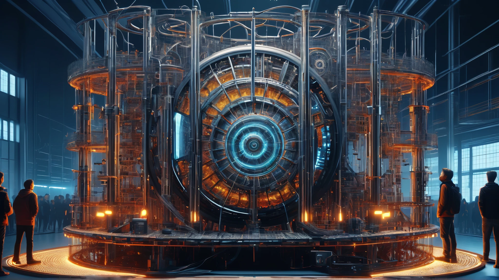 ((best quality)), ((masterpiece)), ((realistic,digital art)), (hyper detailed),cyberpukai Huge Rube Goldberg machine, Resistors,Spoked Wheels, Tiled, Webbed, , octane rendering, raytracing, volumetric lighting, Backlit,Rim Lighting, CERN, people standing before CERN, the people are are tiny compared to the CERN machine, hyperrealistic, 32K UHD, warm tone, Raw Photo, close-up-shot, zoomed in shot