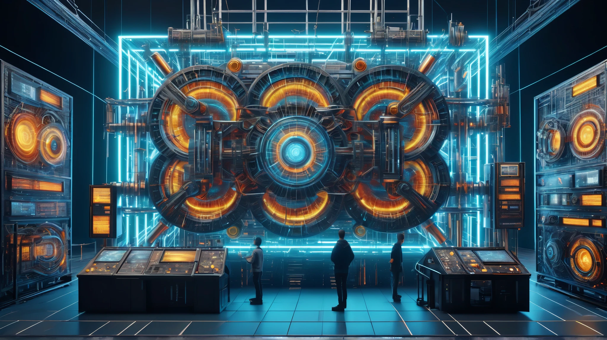 ((best quality)), ((masterpiece)), ((realistic,digital art)), (hyper detailed),cyberpukai Huge Rube Goldberg machine, Resistors,Spoked Wheels, Tiled, Webbed, , octane rendering, raytracing, volumetric lighting, Backlit,Rim Lighting, CERN, people standing before CERN, the people are are tiny compared to the CERN machine, hyperrealistic, 32K UHD, warm tone, Raw Photo, close-up-shot, zoomed in shot