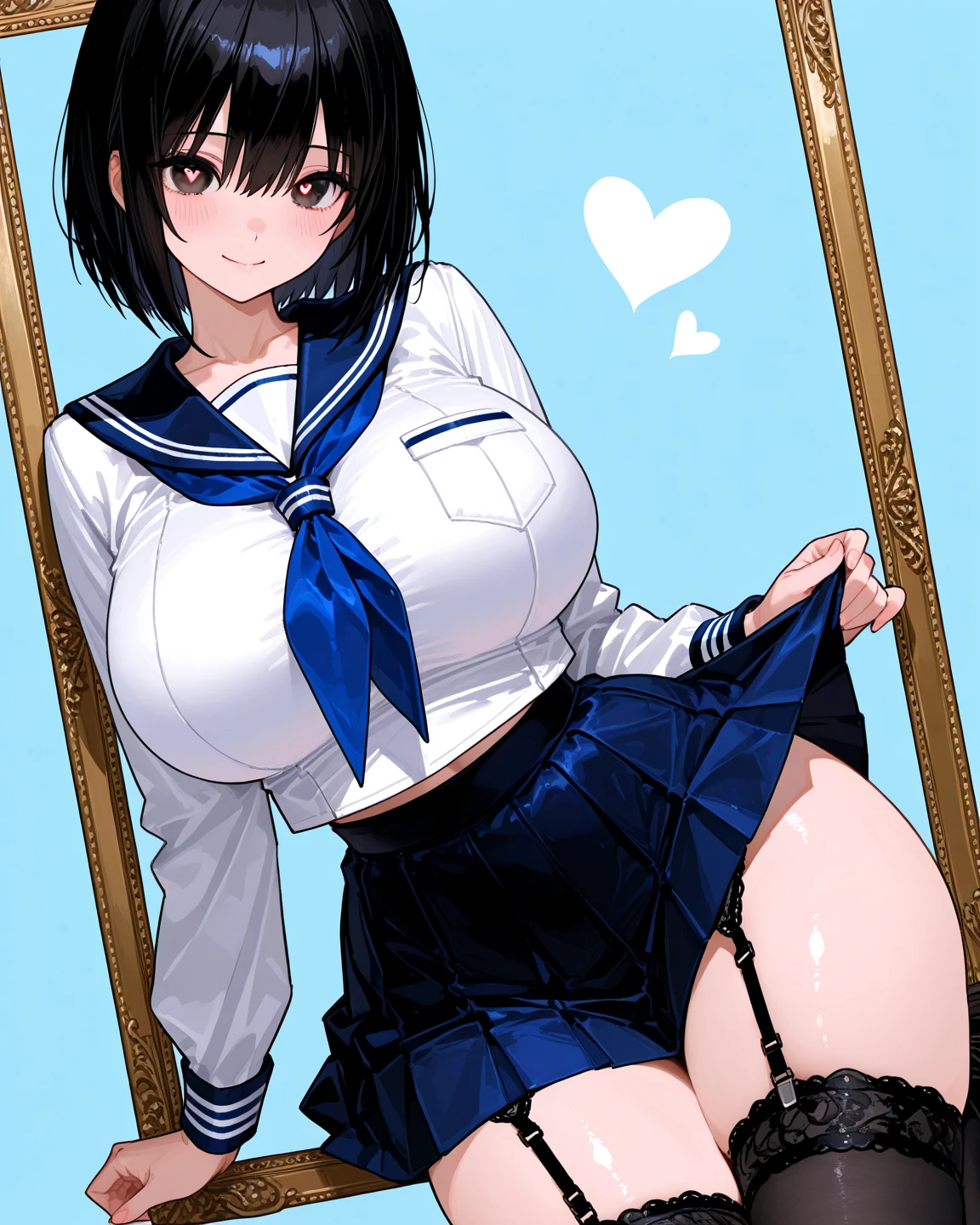 High resolution, Very detailed, perfect lighting, beautiful detailed eyes, ((masterpiece,Best Quality)), absurdities, alone, princess zelda, by the width, crown braid, Hair clip, pointy ears, Gloves without fingers, black gloves, smile, curves, nod, , deep neckline, deep neckline, black school uniform with white details,short skirt, visible underwear, pink thong, black uniform, black shirt with pink bow, touching her breasts in a sexy way, close up, Black hair, visible breasts, Close up, visible nipples, sitting, fringe hairstyle, fringe hairstyle, view from behind, big butt