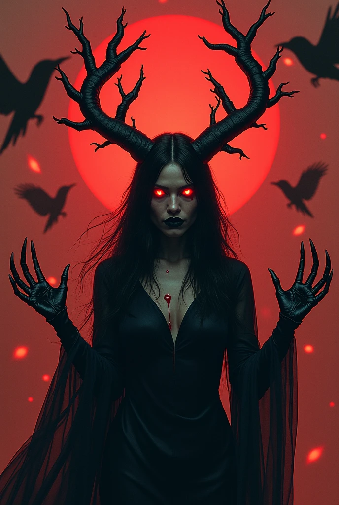 Witch with a lush body with long hair covering her face, revealing glowing red eyes and large horns on her head and long claws on her hands.
