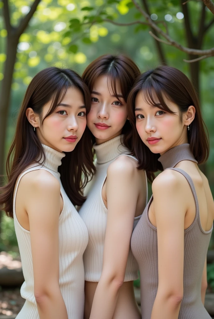 (Three Girls, 3 cute girls:1.5)、Tabletop, Highest quality, Photorealistic, finely, High resolution, 8k wallpaper, Perfect dynamic composition, finelyて美しい目, Medium Hair, Big and ample breasts, Random sexy poses,Chest to chest、(Mock neck crop tank with open neckline。In a large khaki knit、The valley is clearly visible。)、(Breast Swelling 1.2)、Laughter、Open your mouth、2、(Droopy Eyes 1.4)、Adult Beauty、Perfect body,(lie:1.3),