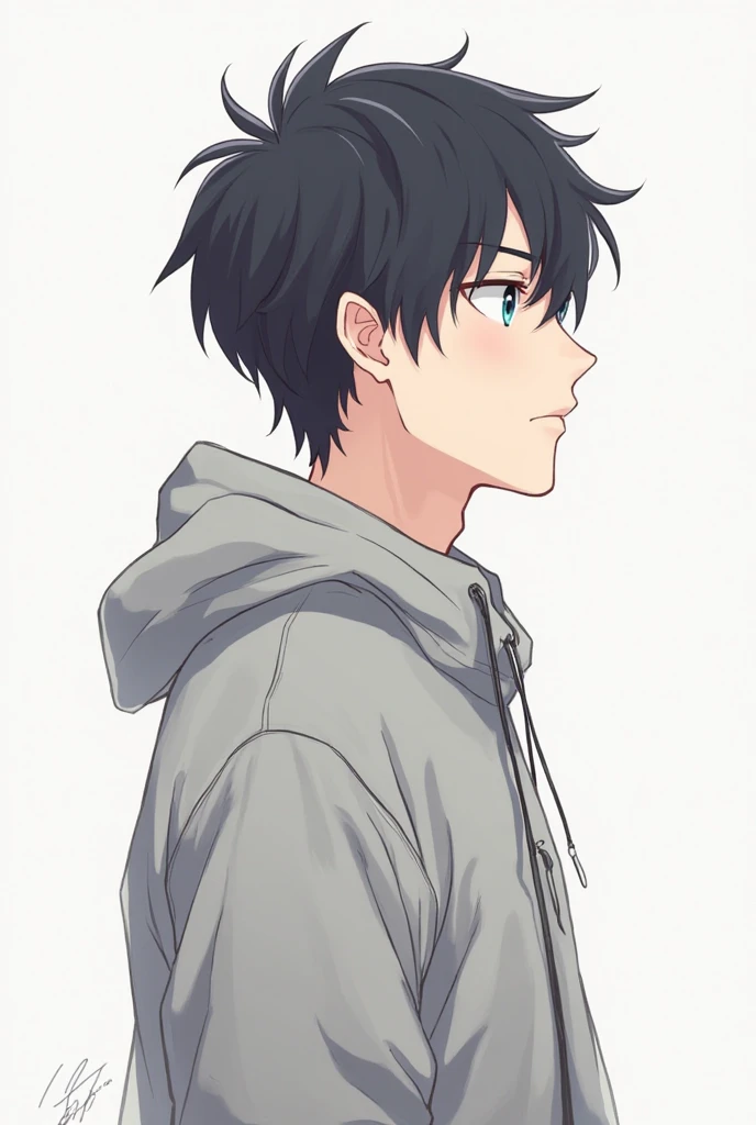 anime-style young man、 dark haired man、Intellectual atmosphere、A healthy and sporty impression、bright expression、Calm profile、wearing a simple gray jacket、subdued colors and delicate line art、white simple background、clear and sophisticated design as an SNS icon、2D illustration、512x512 pixels、 soft light expression 