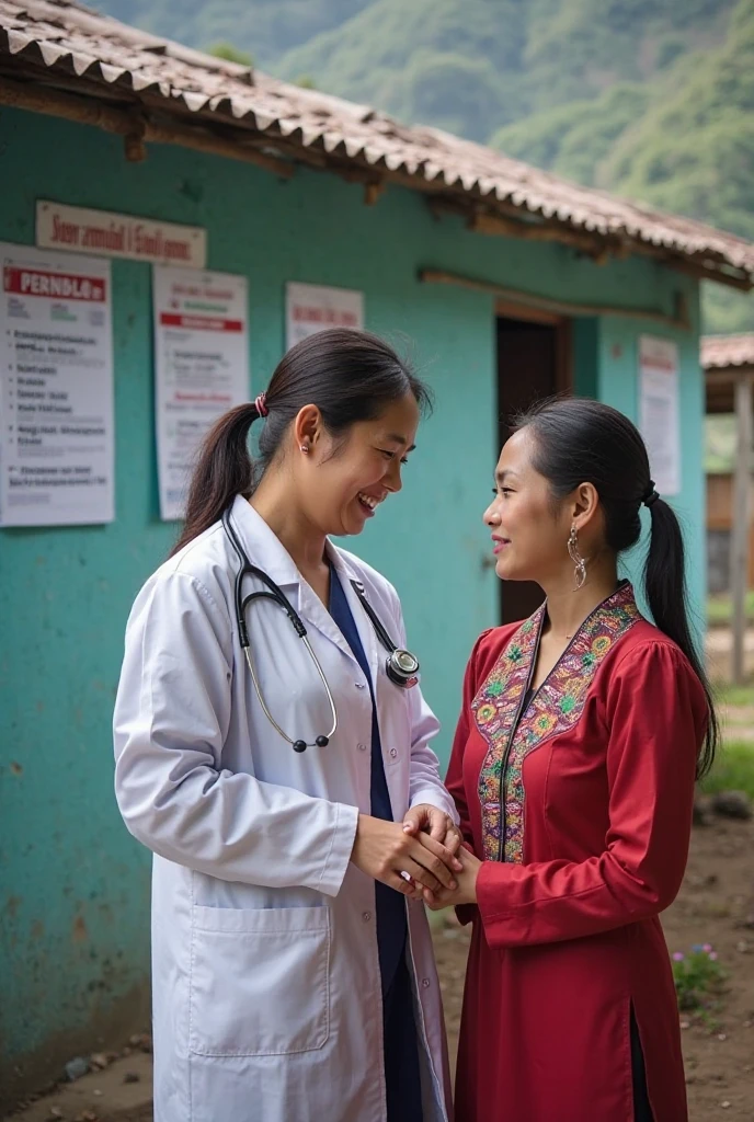 Doctor and nurse providing care in a community of 15 happy older adults in a rural area