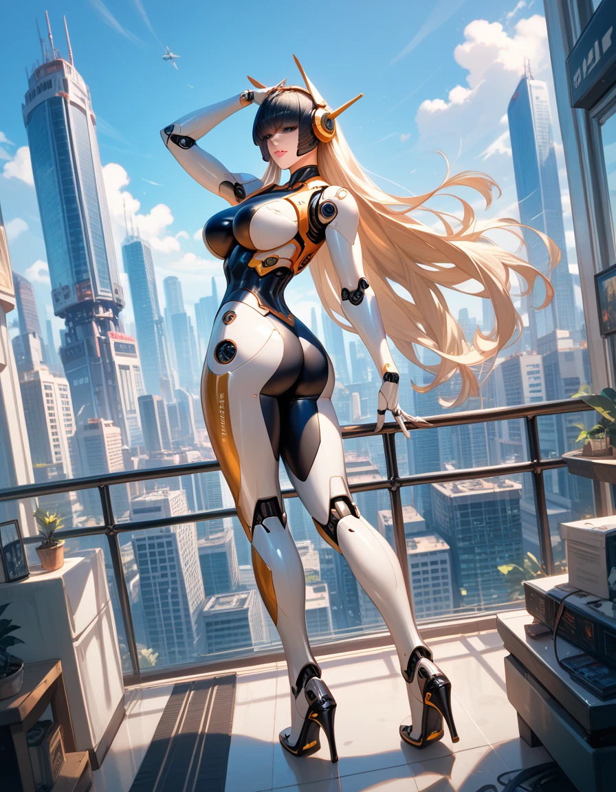 masterpiece,Highest quality, 超A high resolution, (Realistic), RAW Photos, Octane Rendering, Mature Woman, Japanese, Plump face:1.1, sexy, Highest quality, Very detailed, Very accurate, One Woman, (White mini dress with a bottle neck:1.2, Open collar, Pastel blue lines:1.2, Flared hem), Exposed thighs, (White latex long boots, Stiletto heels), ((Shiny latex)), Red headband, Red choker, Red ribbon on arm, very long blonde hair:1.2, Big eyes:1.3, Droopy eyes:1.2, Natural Makeup, A kind smile, ((The background is a night city)), Spotlight, Soft Focus:1.2),
