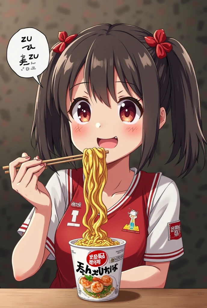 (highest quality:1.2, Very detailed, up to date, Vibrant, Ultra-high resolution, High Contrast, masterpiece:1.2, highest quality, Best aesthetics), Portraiture、girl、solo, (25-years-old:1.5), slim, , ((eating red hot noodle soup:1.6)), holding chopsticks, (sit in chinese restaurant), heterrochromia, green eye, red eye, Bright colors、Beautiful fine details、Beautiful lip detail、extra short hair, ((bob cut:1.5))、pink and purple ((streaked hair:1.9)), (highlights hair: 1.6), (small breast:1), (tan skin:0.7), red t-shirts, jeans, ((cowboy shot:1))