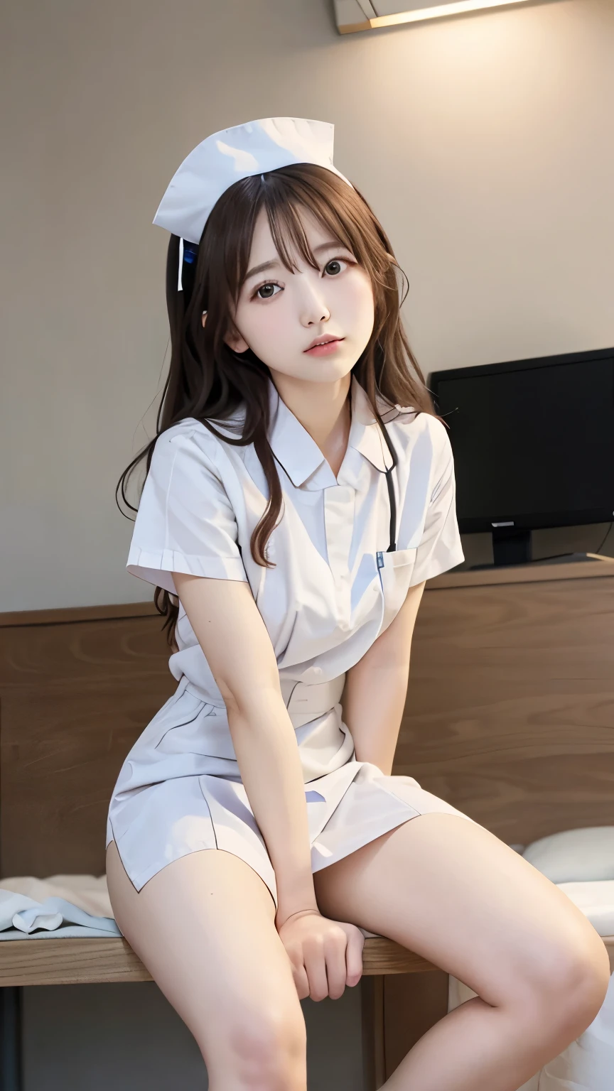 best quality, details, beautiful, insanely details, abusseur dress,perfect anatomy,
Japanese woman turning her butt k, black hair,Age 27,
(slender),
(small breasts best quality),
nsfw,(pubic hair:1.5),(open_Cat:1.0)Thinking, serious expression, sitting, (spread legs:1.2), (Scratching head:1.2), Right facing, curly hair, (knee-length white nurse uniform:1.3), At the office, With chair, full body shot , from the front
((bed)),((angles from below)),((少女の真angles from below))