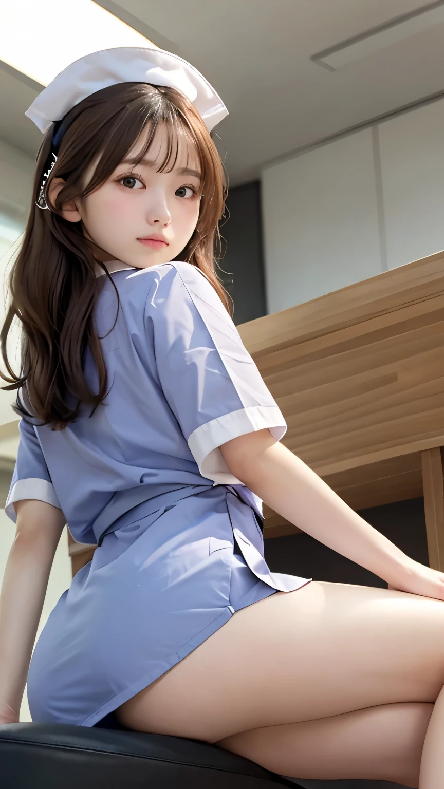 best quality,  details, beautiful, insanely  details, abusseur dress,perfect anatomy,
Japanese woman turning her butt k,  black hair,Age 27,
(slender),
(small breasts best quality),
nsfw,(pubic hair:1.5),(open_Cat:1.0)Thinking,  serious expression, sitting, (spread legs:1.2), (Scratching head:1.2), Right facing, curly hair, (knee-length white nurse uniform:1.3), At the office, With chair,  full body shot ,  from the front 
((bed)),((angles from below)),((少女の真angles from below))