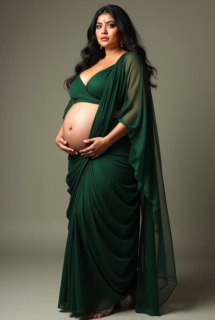 princess maternity in jungle . wearing a leaf made dress , posing for a photo , full body shot ,