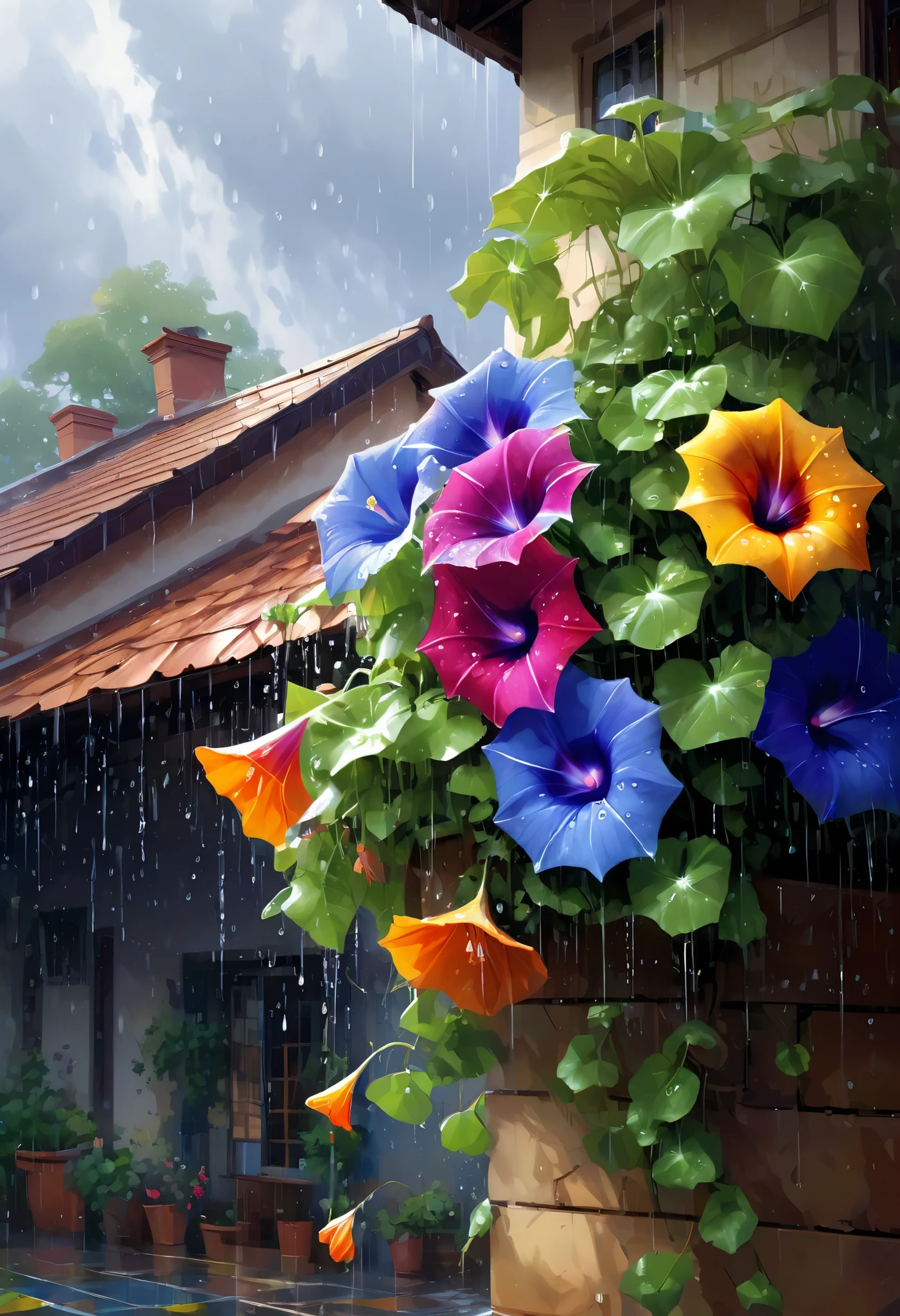 ultra detailed, absolutely resolution, masterpiece, on a rainy day, raindrops run down the tiled roof and fall from the eaves, swaying the petals of a morning glory in a flowerpot, highly detailed, sharp focus, vivid colors, soft lighting, cinematic composition