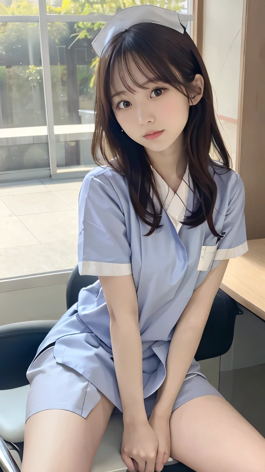 best quality,  details, beautiful, insanely  details, abusseur dress,perfect anatomy,
Japanese woman turning her butt k,  black hair,Age 25,
(slender),
(small breasts best quality),
nsfw,(pubic hair:1.5),(open_cat:1.0)Thinking,  serious expression, sitting, (spread legs:1.2), (Scratching head:1.2), Right facing, curly hair, (knee-length white nurse uniform:1.3), At the office, With chair,  full body shot ,  from the front 