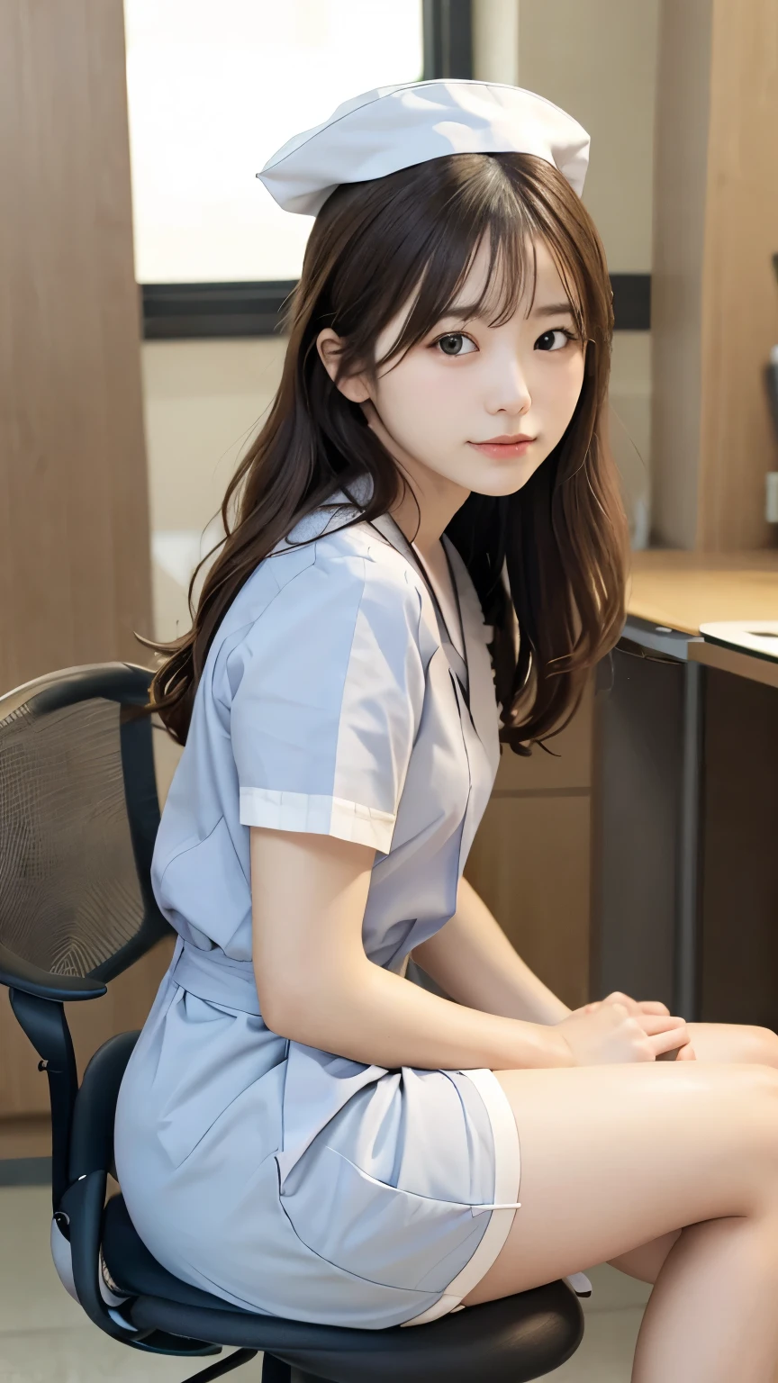 best quality, details, beautiful, insanely details, abusseur dress,perfect anatomy,
Japanese woman turning her butt k, black hair,Age 25,
(slender),
(small breasts best quality),
nsfw,(pubic hair:1.5),(open_cat:1.0)Thinking, serious expression, sitting, (spread legs:1.2), (Scratching head:1.2), Right facing, curly hair, (knee-length white nurse uniform:1.3), At the office, With chair, full body shot , from the front