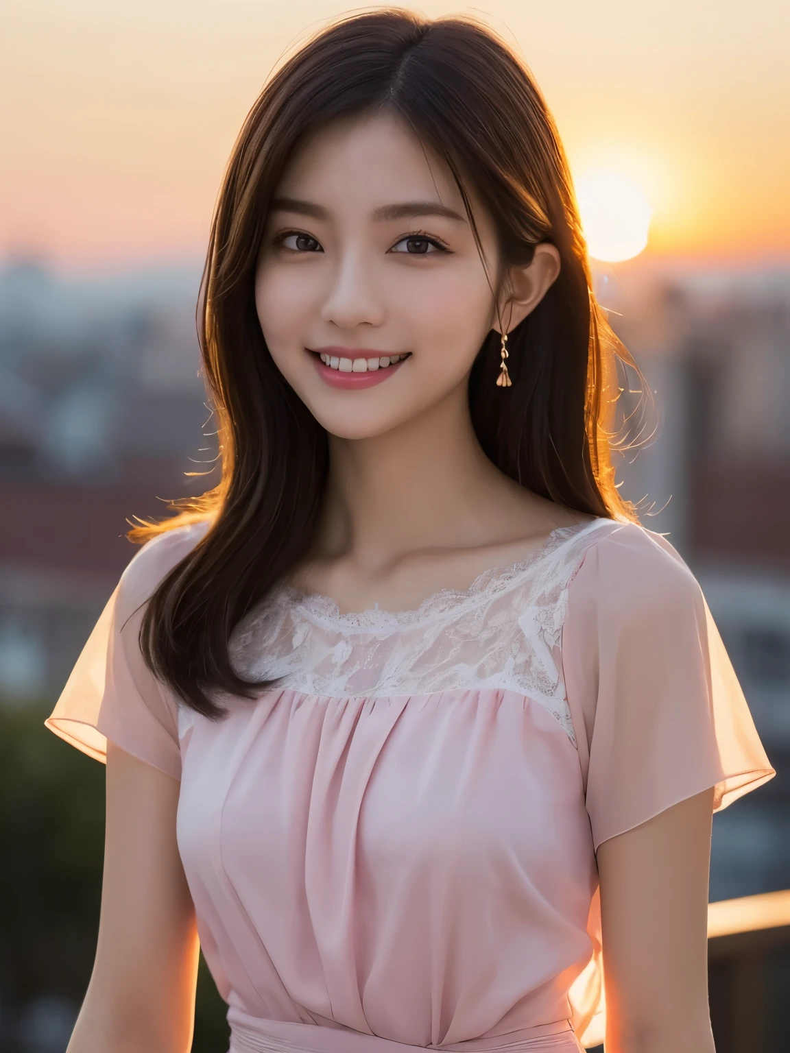 A close up of a woman in a pink dress smiling - SeaArt AI