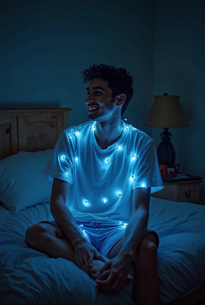 sitting on a bed, gray furry sweater,Chris Hemsworth wearing Ironman suit and staring at Howard Stark, casual pose, cozy, bedroom background, room lighting