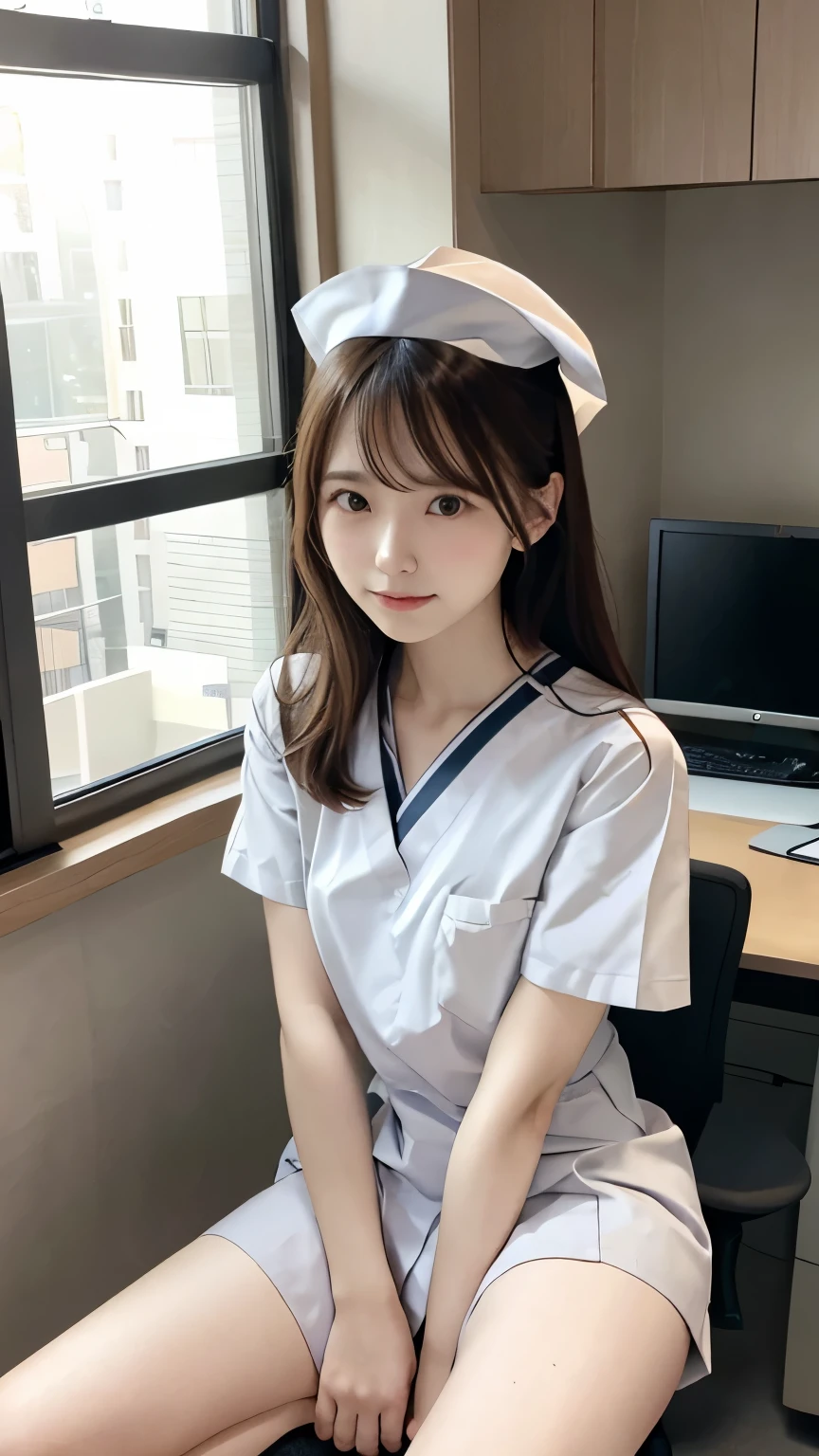best quality, details, beautiful, insanely details, abusseur dress,perfect anatomy,
Japanese woman turning her butt k, black hair,Age 27,
(slender),
(small breasts best quality),
nsfw,(pubic hair:1.5),(open_cat:1.0)Thinking, serious expression, sitting, (spread legs:1.2), (Scratching head:1.2), Right facing, curly hair, (knee-length white nurse uniform:1.3), At the office, With chair, full body shot , from the front