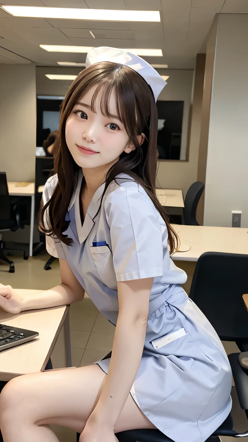 best quality, details, beautiful, insanely details, abusseur dress,perfect anatomy,
Japanese woman turning her butt k, black hair,Age 27,
(slender),
(small breasts best quality),
nsfw,(pubic hair:1.5),(open_cat:1.0)Thinking, serious expression, sitting, (spread legs:1.2), (Scratching head:1.2), Right facing, curly hair, (knee-length white nurse uniform:1.3), At the office, With chair, full body shot , from the front
