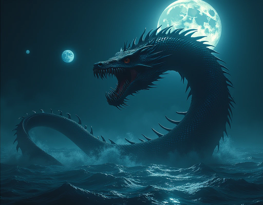 Fantasy, horror Fantasy, During a lunar eclipse、Planetary conjunction opens the gates to the underworld、A beast with spiny tentacles is unleashed from the slime of the night.。, Lunar eclipse demon tentacle thorn ichor, UHD 8K Ultra-realistic and exquisite detail、Ocean、