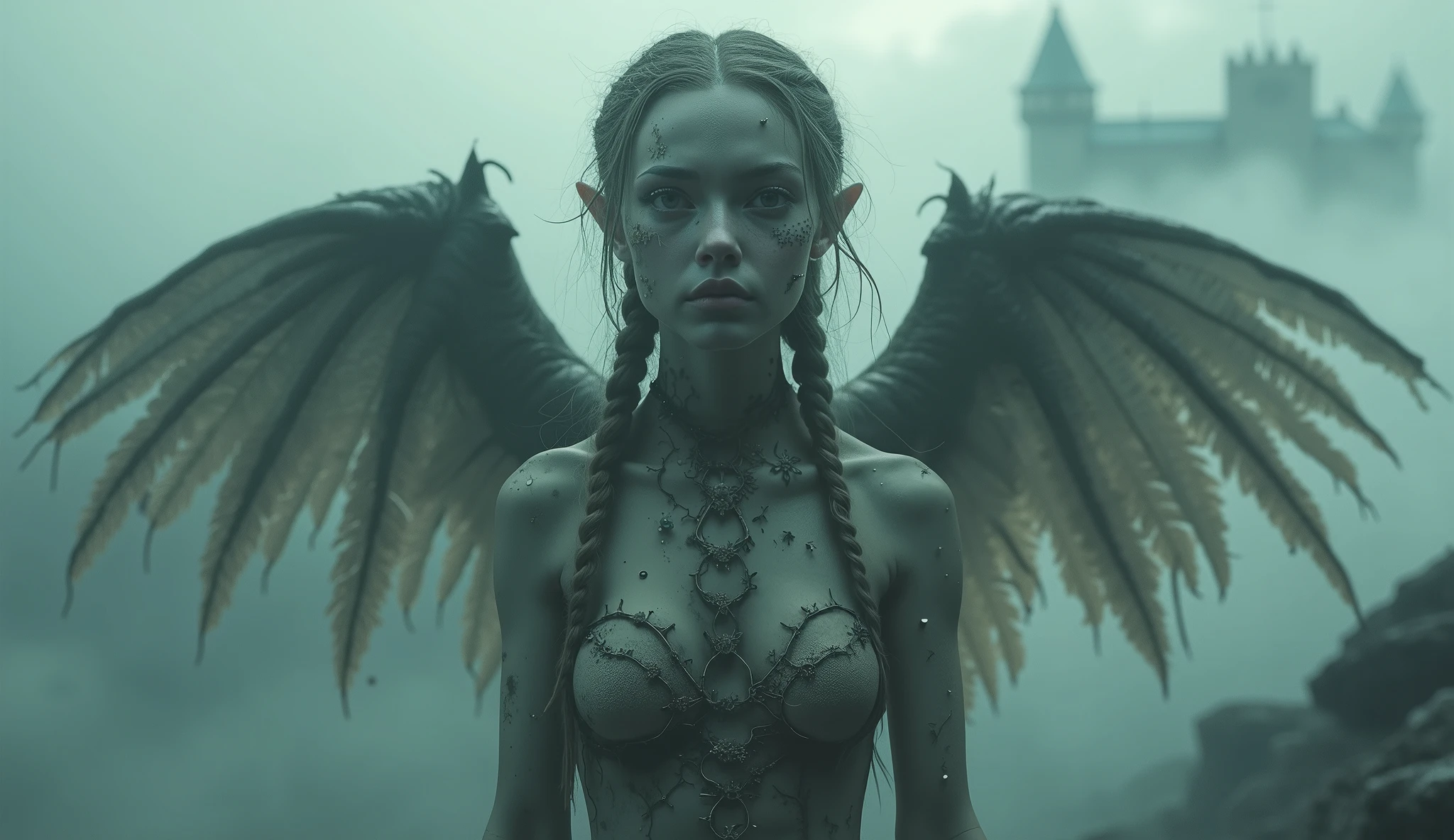 
Cyborg fairy, intricate half body portrait, detailed portrait, photorealistic, beautiful, foggy background, steampunk style