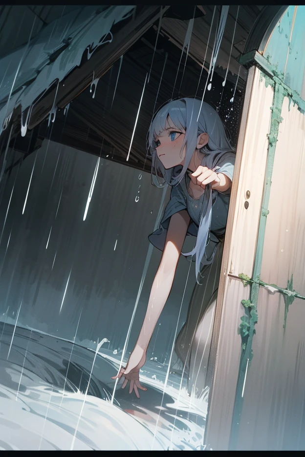 best quality, masterpiece, ultra resolution, (fidelity:1.4), photo, 1 girl, [(sad)]lace, dim, dark, despair, pity, pathetic, movie, tears, teardrops, (torn clothes:1.5), (wet clothes:1.4), bare shoulders, real rain, wet hair,..