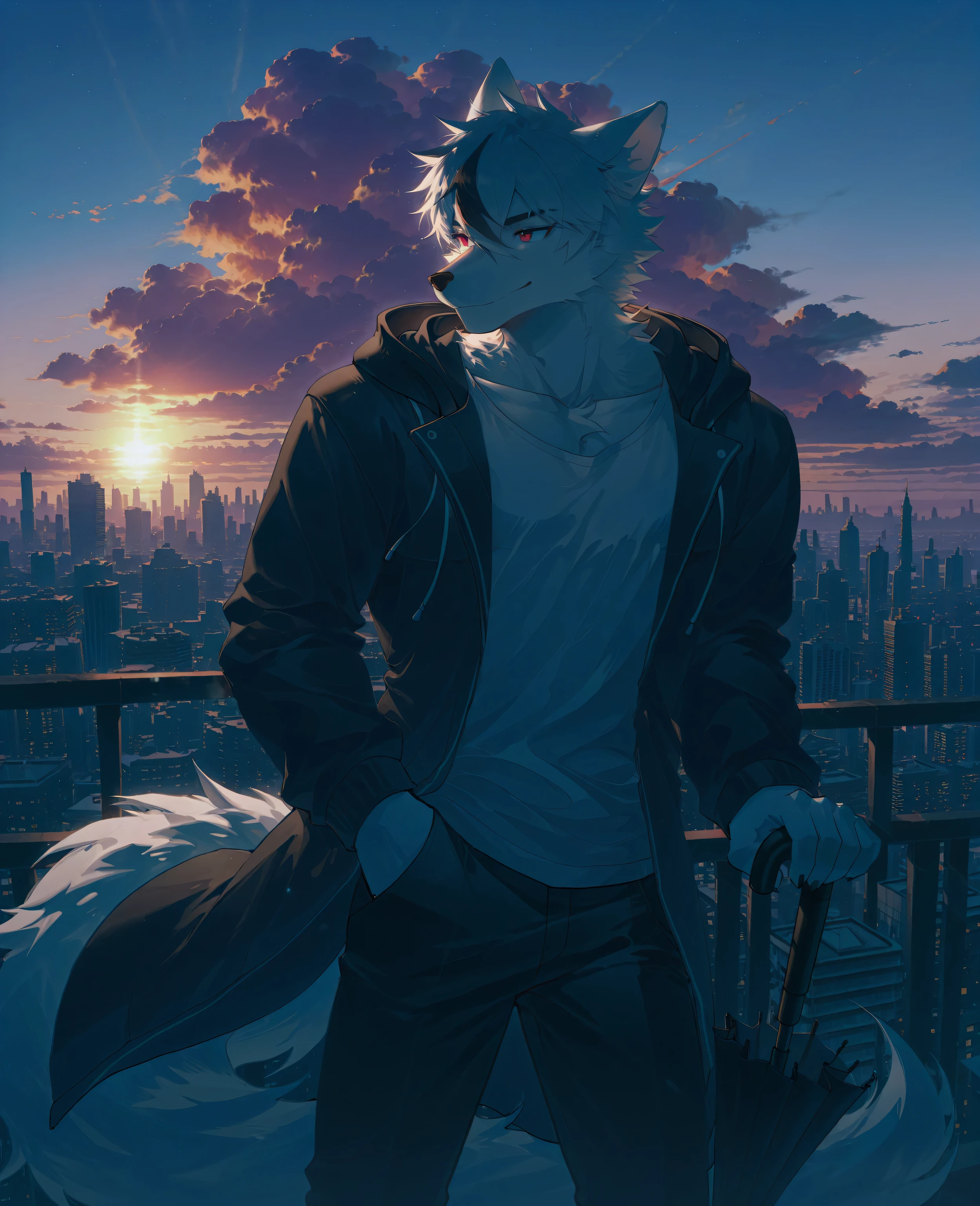 sfw,masterpiece,UHD,solo,highres,best quality,anatomically correct,furry male,(white fox),collarbone,(white fur:1.5,white hair),black_streaked_hair,short hair,black eyebrow,snout,(detailed eyes,red eyes,detailed pupils,beautiful eyes),snout,animal ears,fox ears,absurdres,shapely,handsome,fox tail,cowboy_shot,(slender muscle:0.8,skinny),(causal wear,black hoodie,open coat,white T-shirt,black pants),(5 fingers:1.1),(peaceful face,light smile),standing on roof,holding a umbrella,folded umbrella,(buildings,city,skyline,sunny rain),ray tracing,looking_back,from_back:1.2,from_side:1.3,(bright light:1.2),bokeh,detailed background,Tyndall effect,sunset glow,cumulonimbus (cloud),break,(wolftapioca:0.3,chung0u0,uiokv:0.5,(lindong:0.8),(by null-ghost:0.8),huashijw,(asteroid_ill:0.8),(smile \(qd4nsvik\):0.9)),cg,highres,sfw