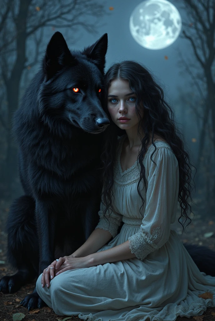 Beautiful majestic woman with long black hair holding a wolf mask and dressed in wolf furr dress,howling at the full moon with a pack of wolves,dark makeup and blood on her face,dark misty background, mountains and fog,dark realistic photography, surreal dark art.wolf mask,black good running on her face,dark art,dark surreal art, realistic darkness and melancholic,dark melancholic occult art 