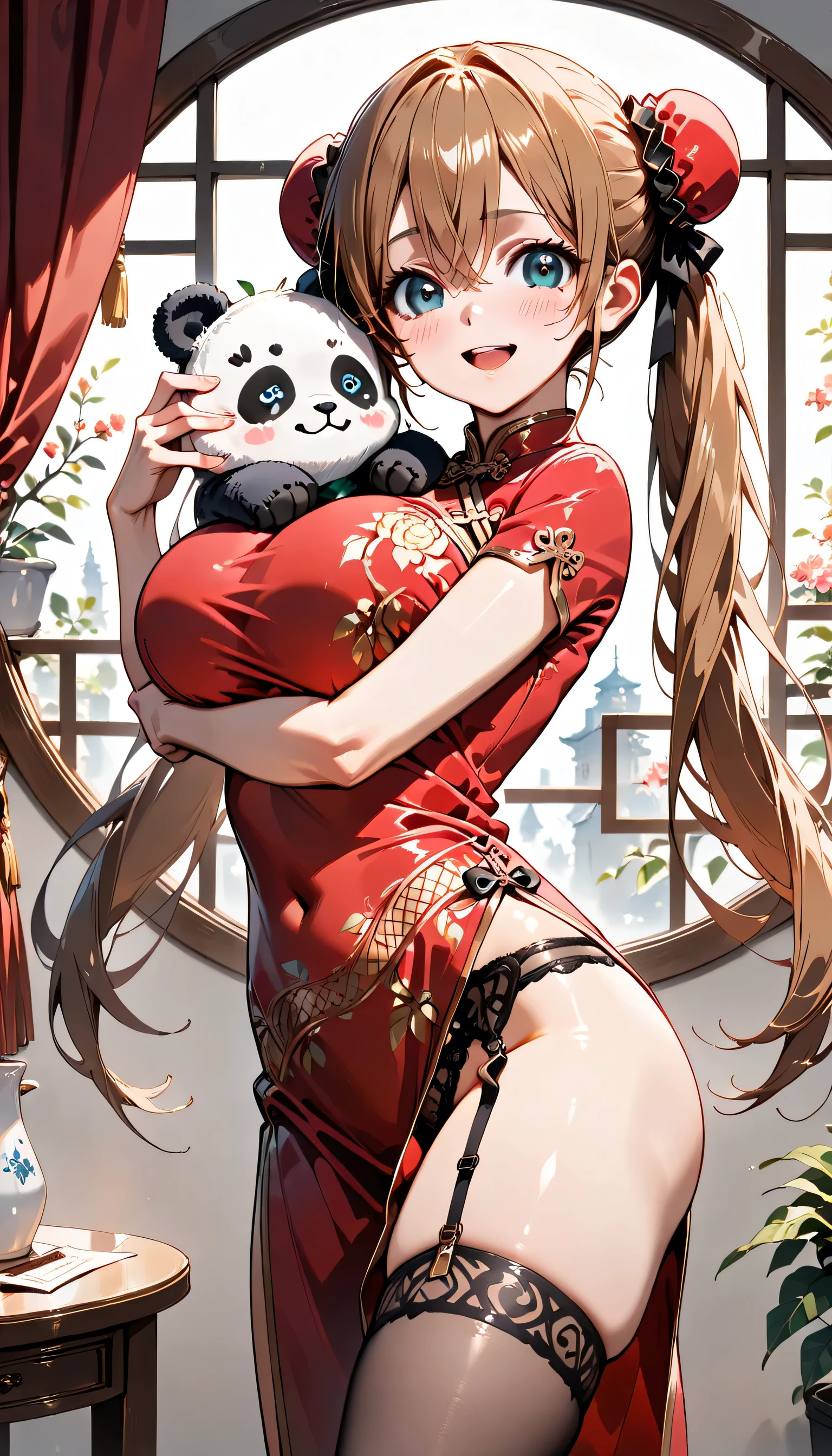 ((ultra-detailed)), (highly detailed CG illustration), (best quality:1.2), ultra-highly detailed, colorful composition, artistic photoshoot, 1girl, solo focus, ((thigh to top:1.4)), ((cowboy shot:1.4)), moe anime character, 20 years old girl, dainty facial structure, (baby face), (round face), ((rounded chin:1.2)), ((ideal ratio body proportions)), brown eyes, ((wearing glasses:1.4)), ((round eyewear:1.4)), black hair color, double bun and twin tails, ample breasts, (wine red chinese dress with gold floral print and large slit), (garter belt, fishnet tights), black panties, ((smile:1.4)), ((happy:1.4)), ((joyful:1.4)), ((blush:1.4)), ((open mouth:1.4)), ((holding a cute Panda Plush:1.4)), ((hug)), ((looking at viewer)), indoors, (standing chinese style room), (chinese style window), petals glowing and fluttering, (dynamic pose), (contrapposto pose), from front, best quality, masterpiece, expecting, pink cheek, blush, light pink gloss slip, portrait, depth of field, soft lighting, sidelighting, (shine), lighting, caustics, ray tracing, perfect face, lustrous skin, highly detailed face, highly detailed eyes, perfect face, perfect nose, perfect hair, perfect eyes, perfect anatomy, beautiful hair, beautiful small face, extremely detailed face, beautiful detailed eyes, beautiful clavicle, beautiful body, beautiful huge breasts, leavage, breasts squeezed together, equalize the size of the left and right breasts, beautiful thin thighs, beautiful legs, (beautiful fingers), (4 fingers), (1 thumb), lovely, (very detailed background:1.0), (highly detailed background:1.0), spring aesthetic, intricate details, bashful atmosphere, spring colors palette, chromatic aberration