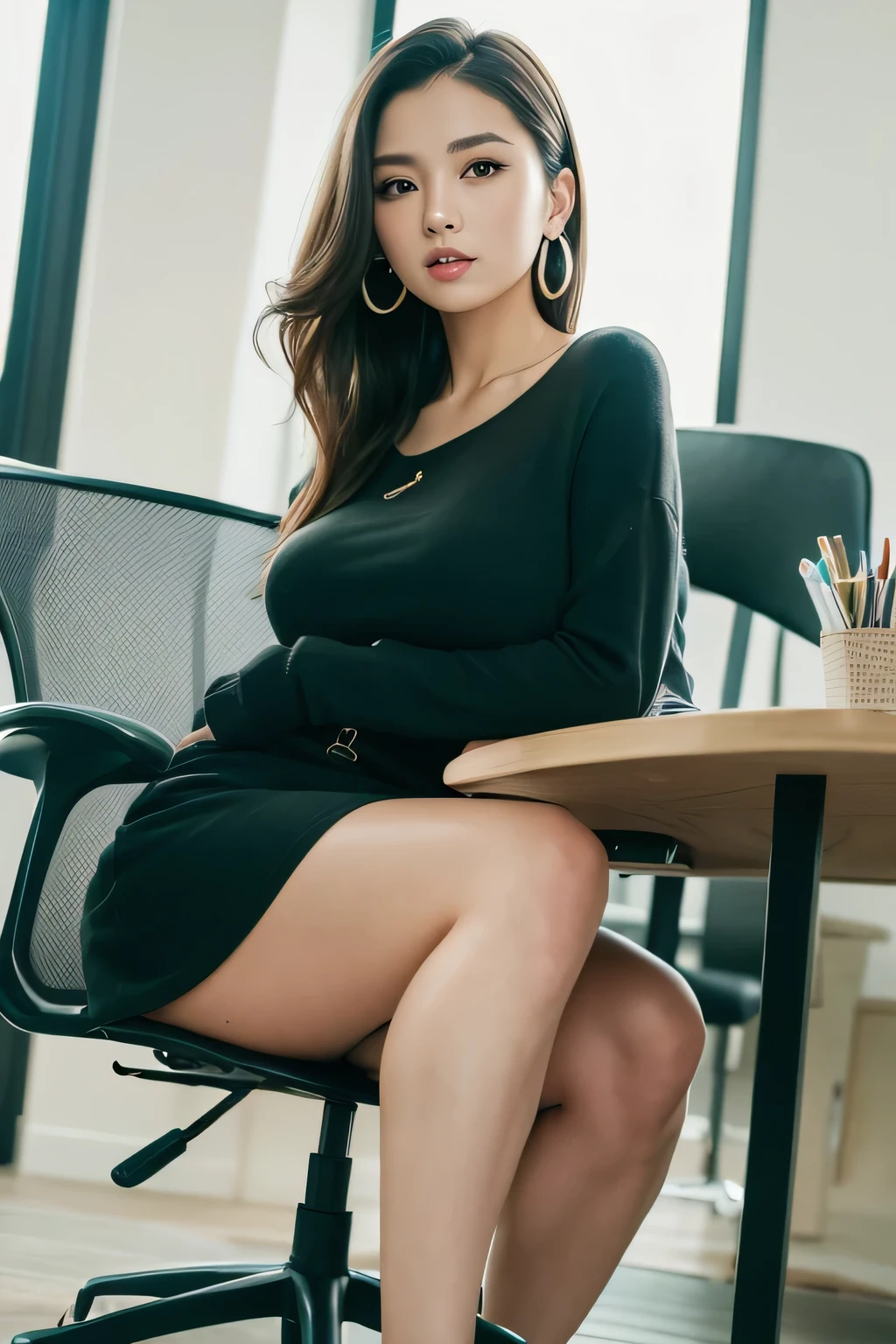 (realisitic、hight resolution:1.3)、masterpiece, best quality, 1 girl with a perfect figure、korean girl, Super thin face and eyes、beautiful face, wavy hair、knitted clothes:1 in random color.2、Short skirt、glasses, sitting in a cafe、coffee on table 、holding a coffee, looking to viewer, cleavage, plumpy body, photography art, photo full body