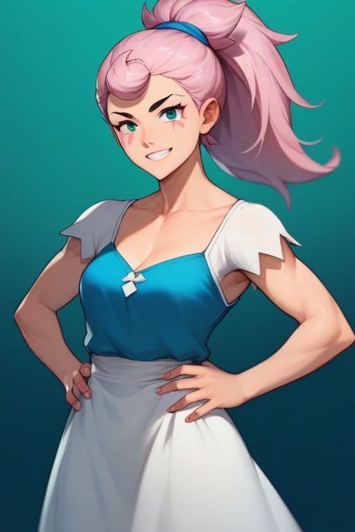 a tall girl, big breast, beautiful beauty, beautiful, cute, loving, long white hair, her blue-yellow eye, she wears a pink button-down blouse, short sleeves, shows her navel and a short dark blue skirt, a brown belt, a long black heel.