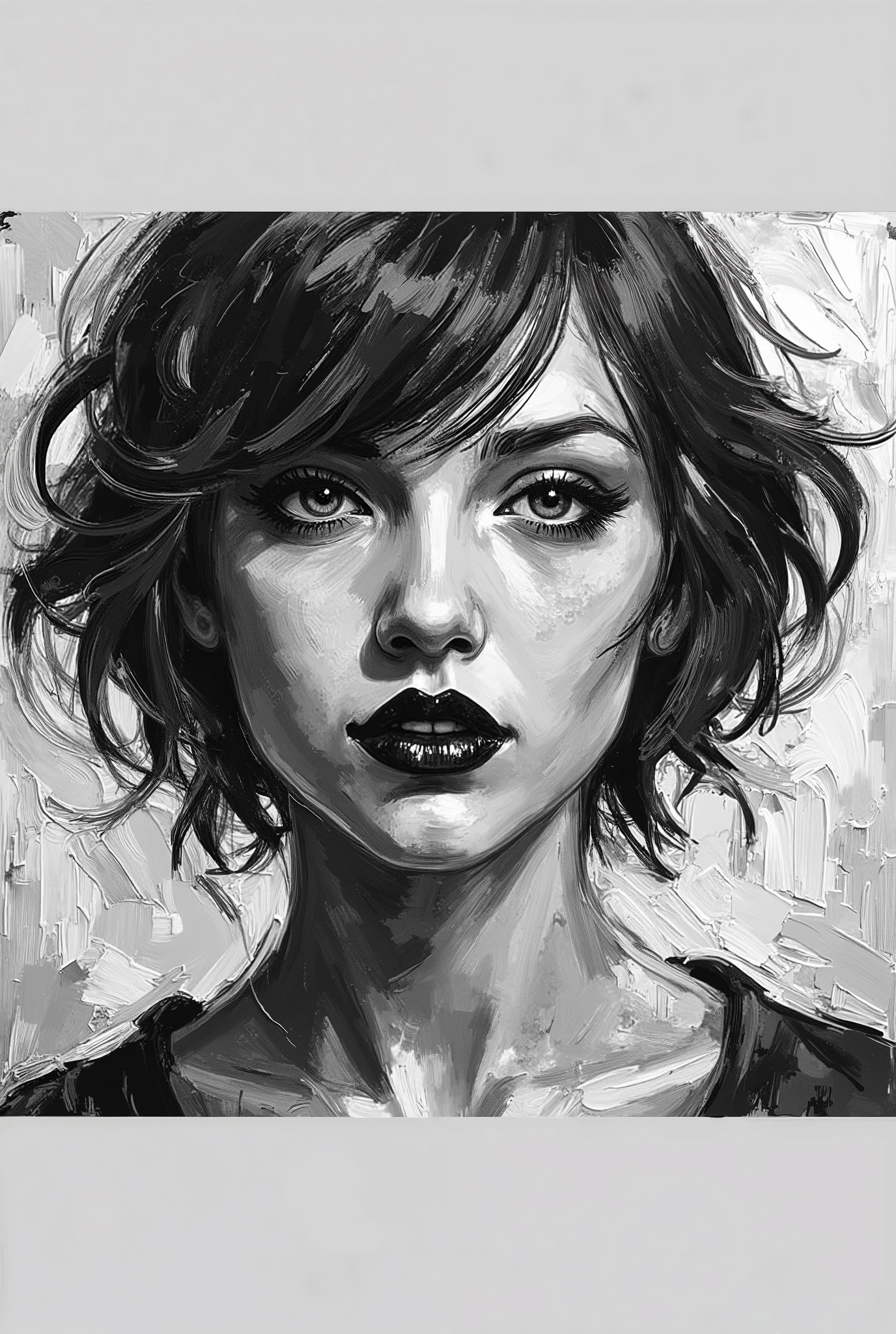 young woman, painted in a painting, with short black hair, realistic painting in black and white, wearing a black lipstick