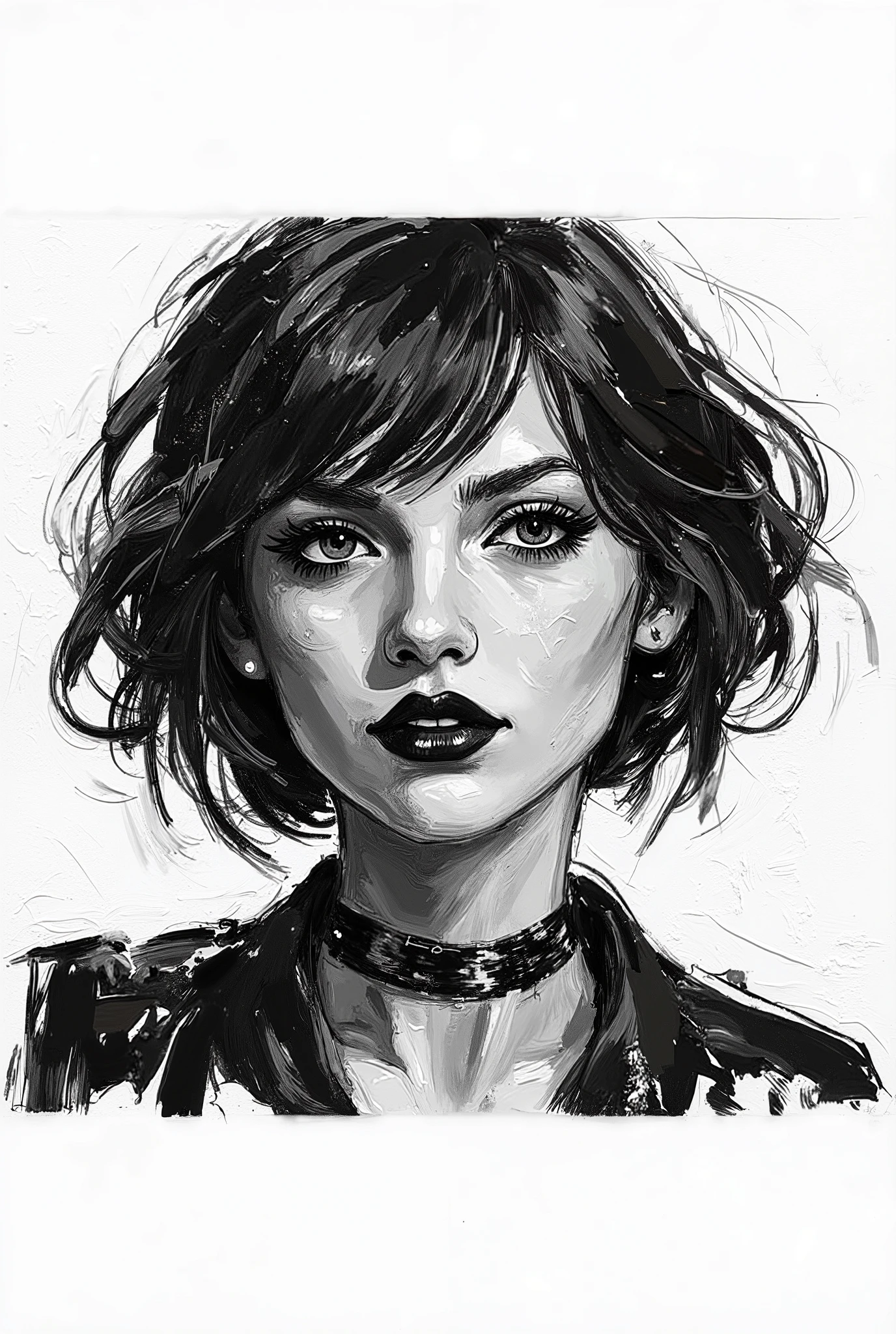 young woman, painted in a painting, with short black hair, realistic painting in black and white, wearing a black lipstick