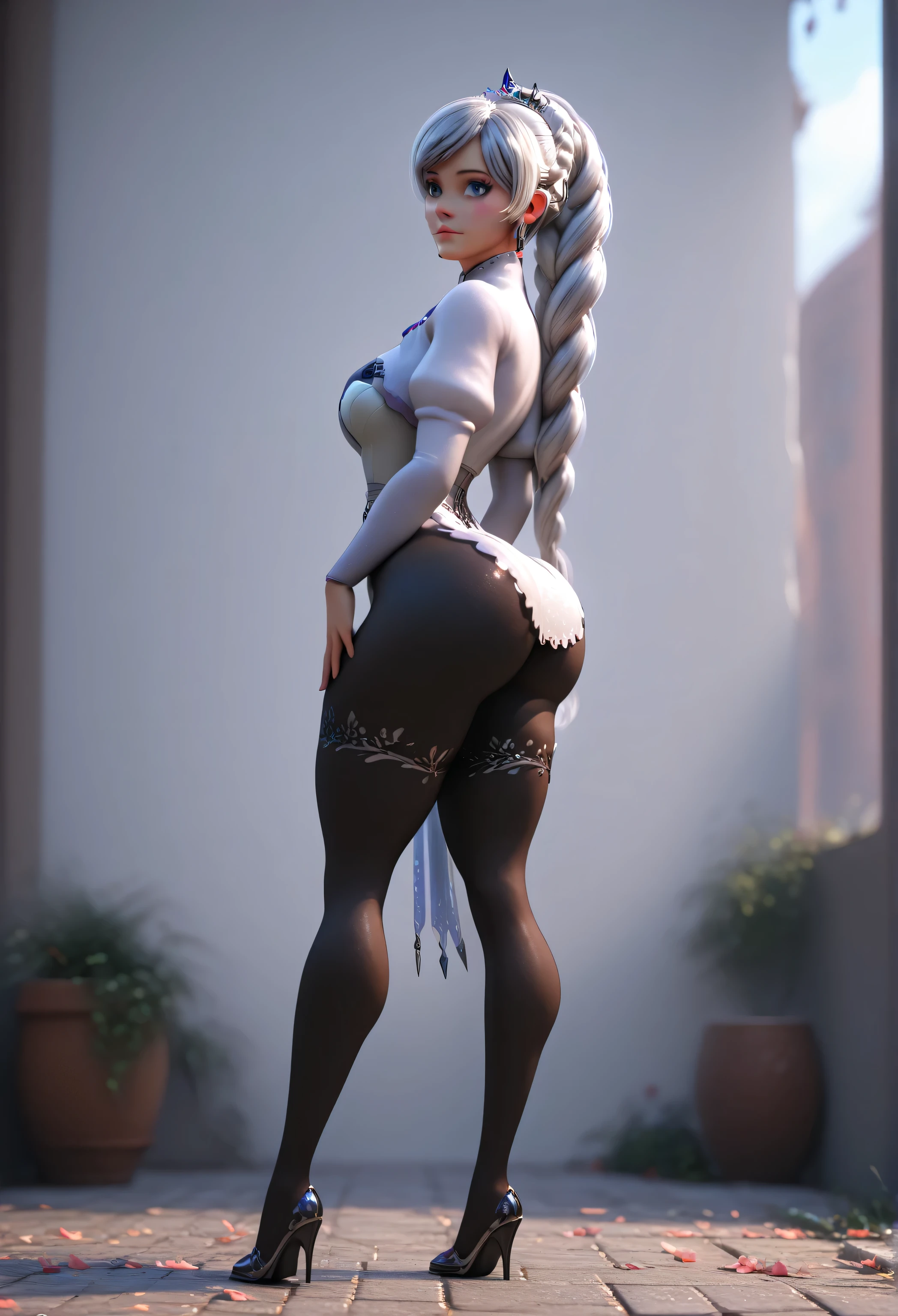 score_9, score_8_up, score_7_up, highres, BREAK, best quality, source_pony, highly detailed, (voluptuous girl), (ultra HD quality details), Very detailed, 1 girl, full body, (full outfit), (full clothed), nsfw, Big and sexy ass, Big ass, (full outfit covering the whole body), blurry background, standing, standing, standing girl, view from behind girl, back girl view, ass view, full body view, solo, solo girl, shiny outfit, 3D, EdenAiArt, Perfect body anatomy, perfect anatomy, weissvale, scar across eye, ponytail, hair ornament, tiara, white jacket, cropped jacket, high collar, long sleeves, short dress, white dress, earrings, necklace, weiss shnee