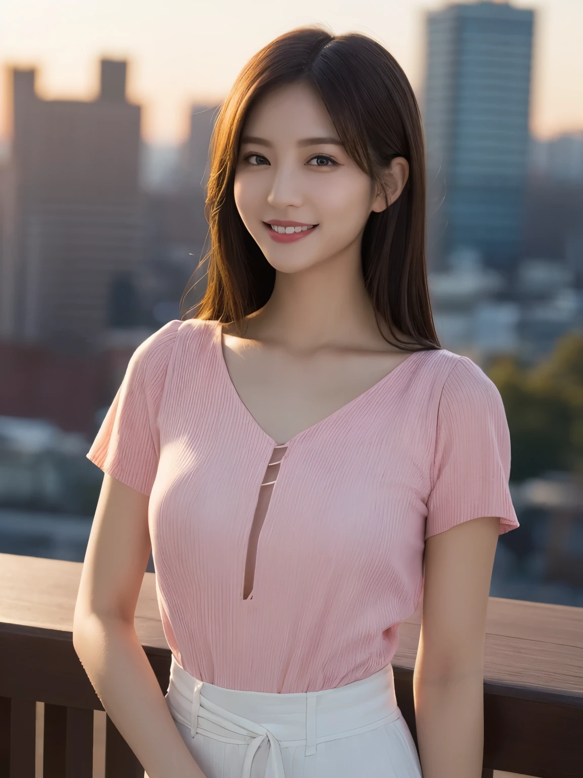 highest quality, figure, Ultra-detailed, finely, High resolution, 8K Wallpaper, 完璧なダイナミックな構figure, Beautiful Skin, (Big Eyes), 20 year old beautiful girl, Natural color lip, (Sexy pose), Mid chest, smile, Highly detailed face and skin texture, Detailed eyes, Double eyelid,leaking teeth and laughing, close-up, overhead shot, Long black hair, (Pink dress shirt:1.2), Sunset