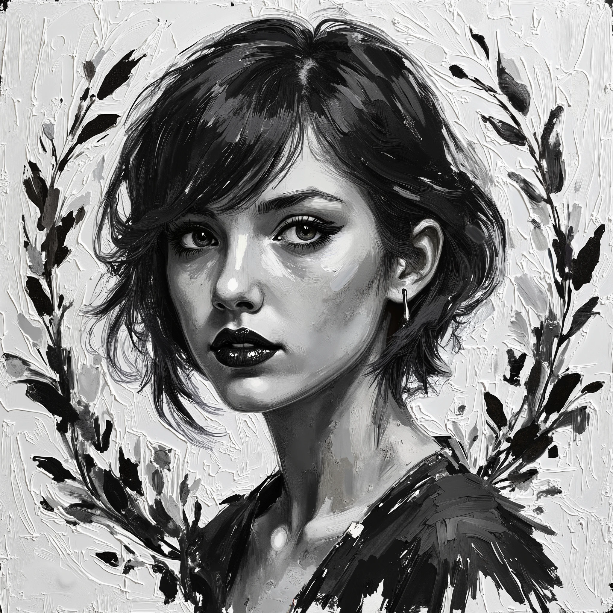 young woman, painted in a painting, with short black hair, realistic painting in black and white, wearing a black lipstick